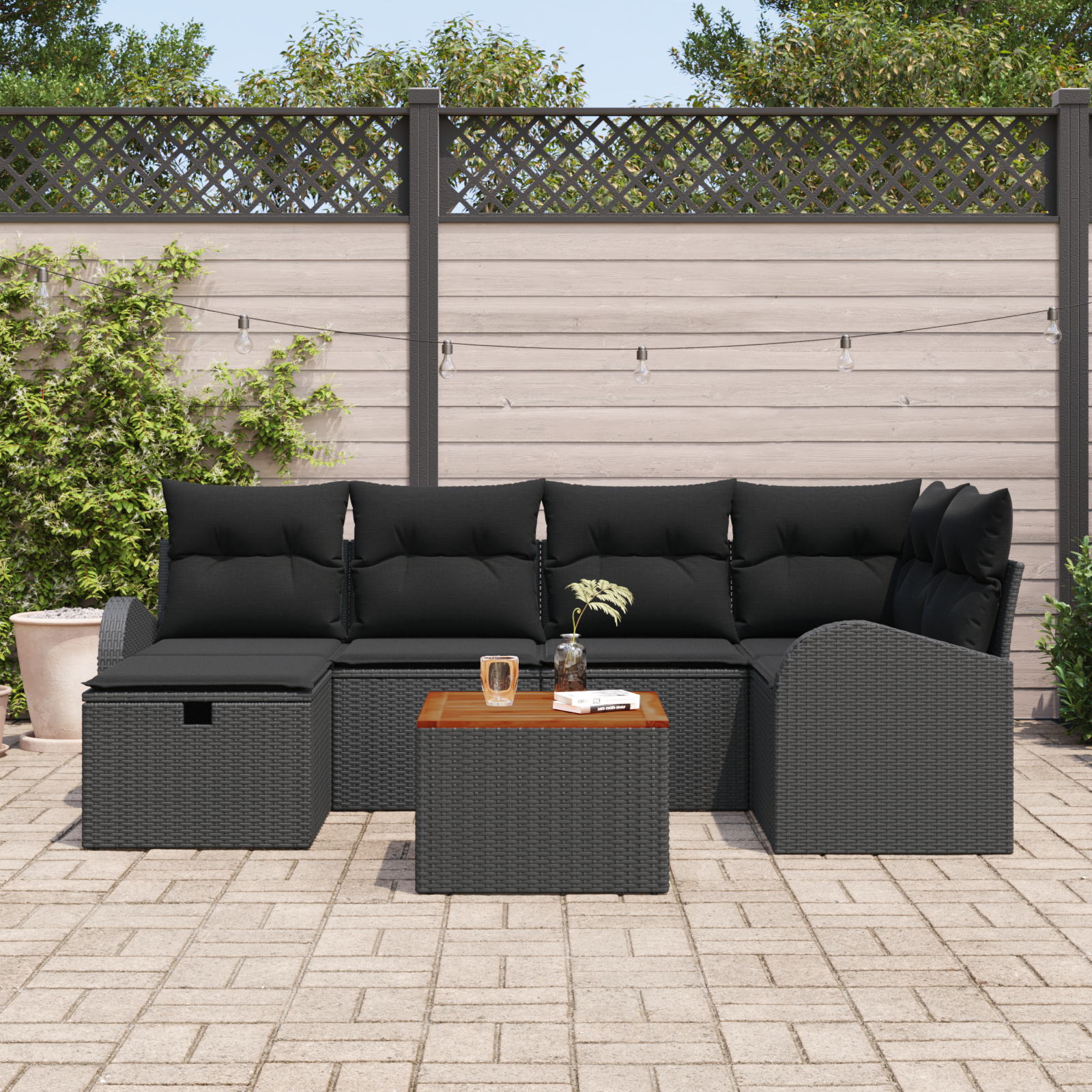vidaXL 7-delige tuinsofa set met kussens, zwart poly rattan