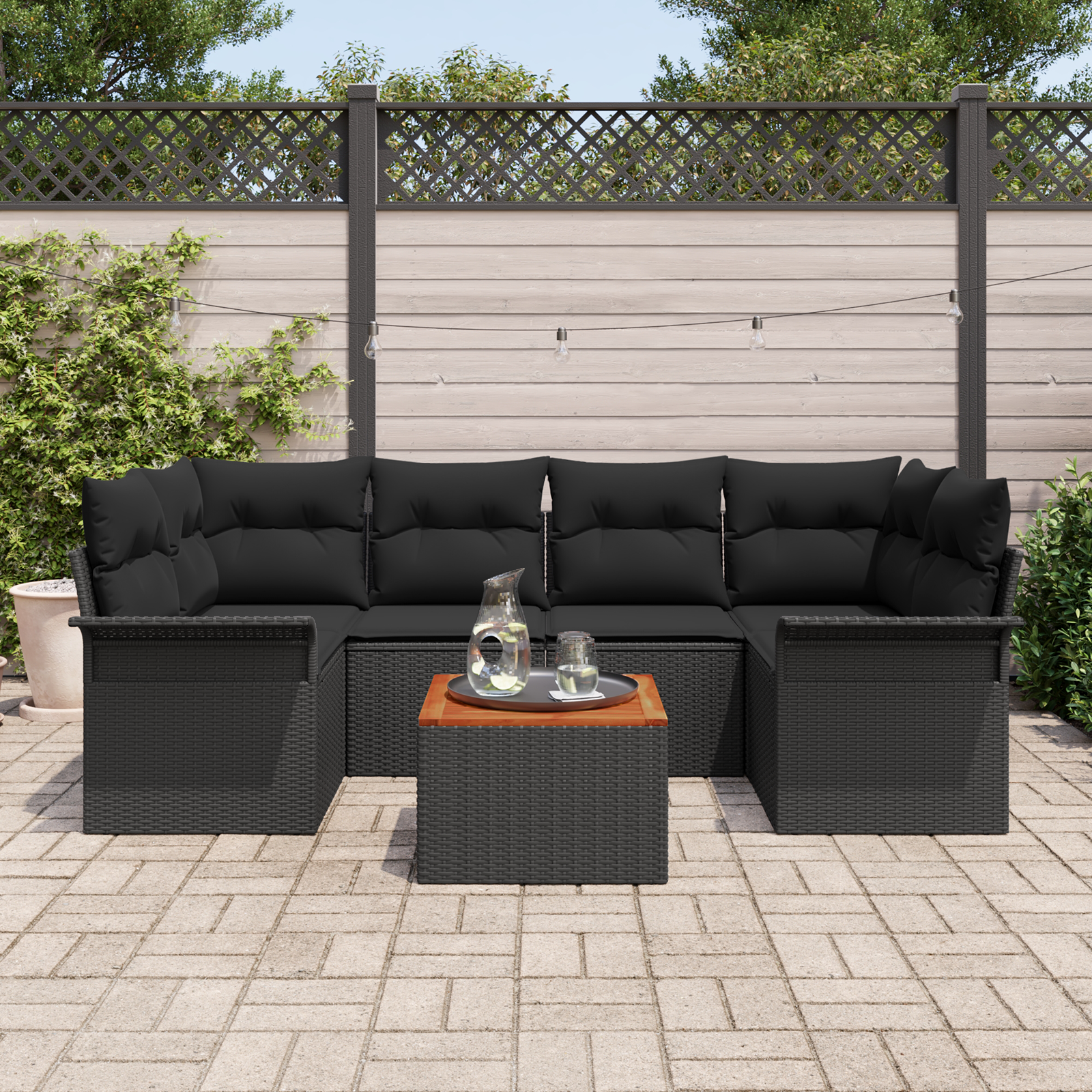 vidaXL 7-delige Tuinbankenset met kussens poly rattan acaciahout zwart