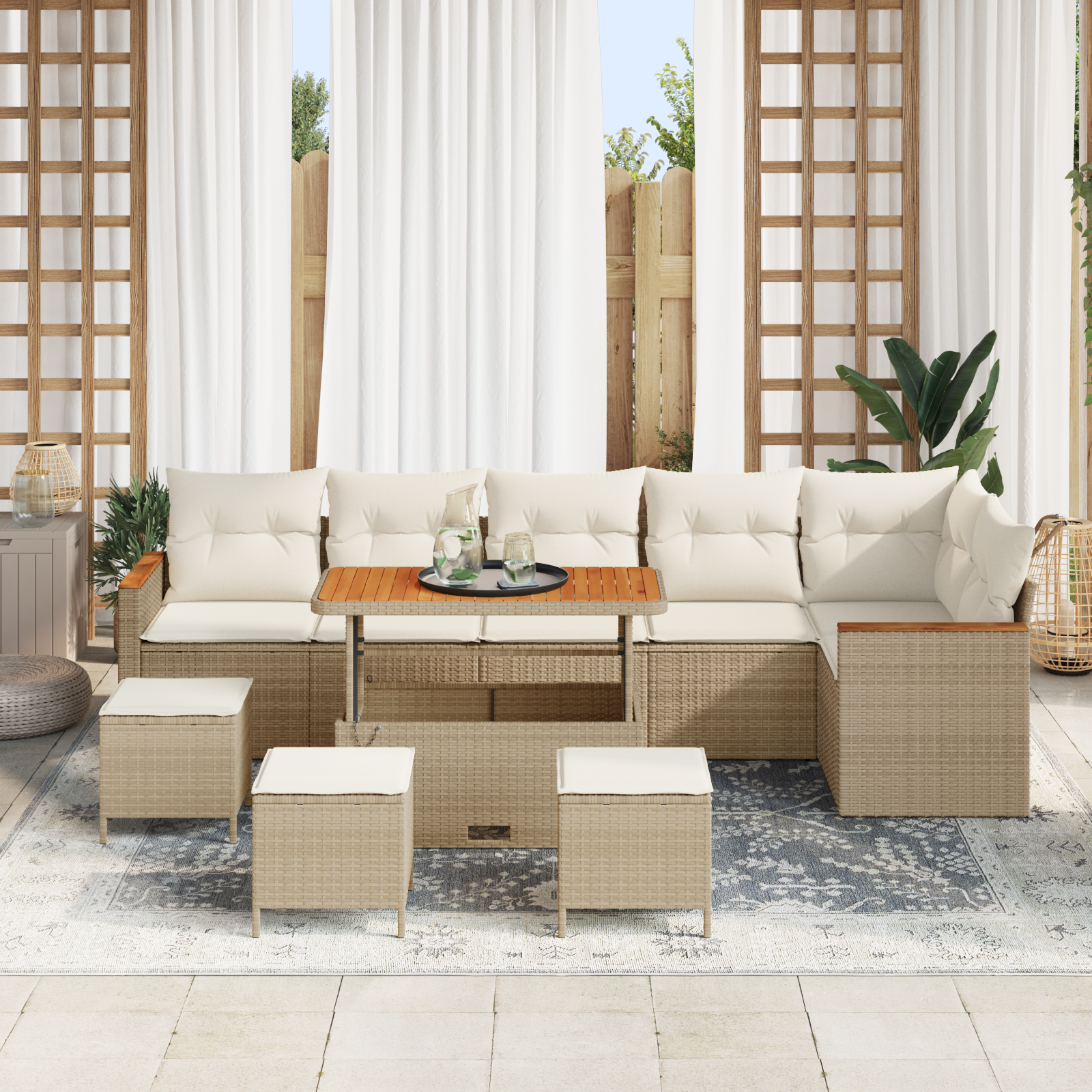 vidaXL 10-delige Tuinbankenset met kussens poly rattan acacia beige
