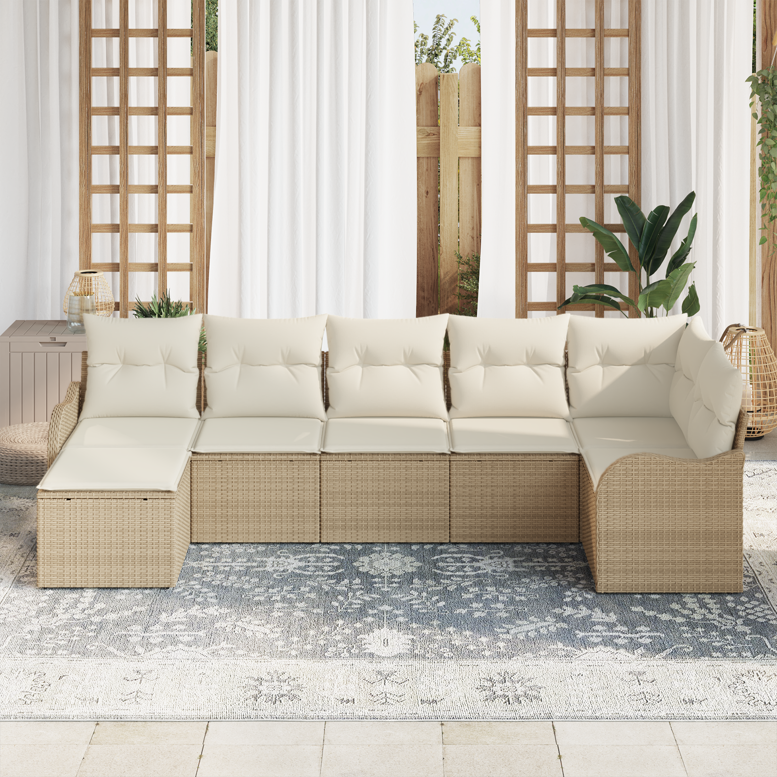 vidaXL 7-delige tuinbankstel met kussens in beige poly riet