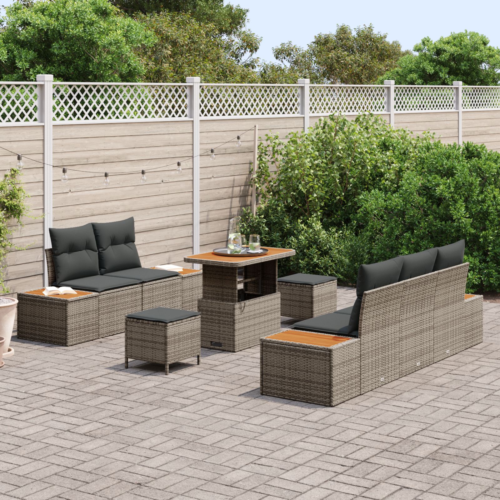 vidaXL 8-delige Tuinbankenset met kussens poly rattan acacia grijs