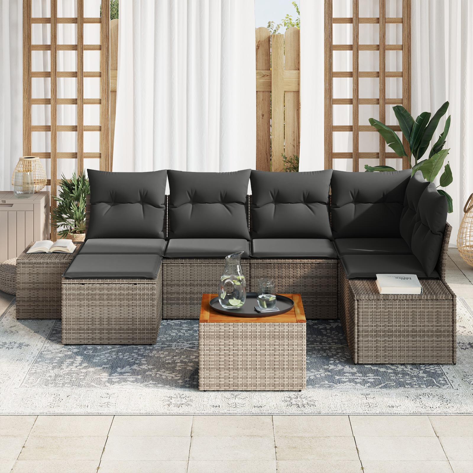 vidaXL 7-delige tuinbankset met kussens in grijs poly rattan en acacia