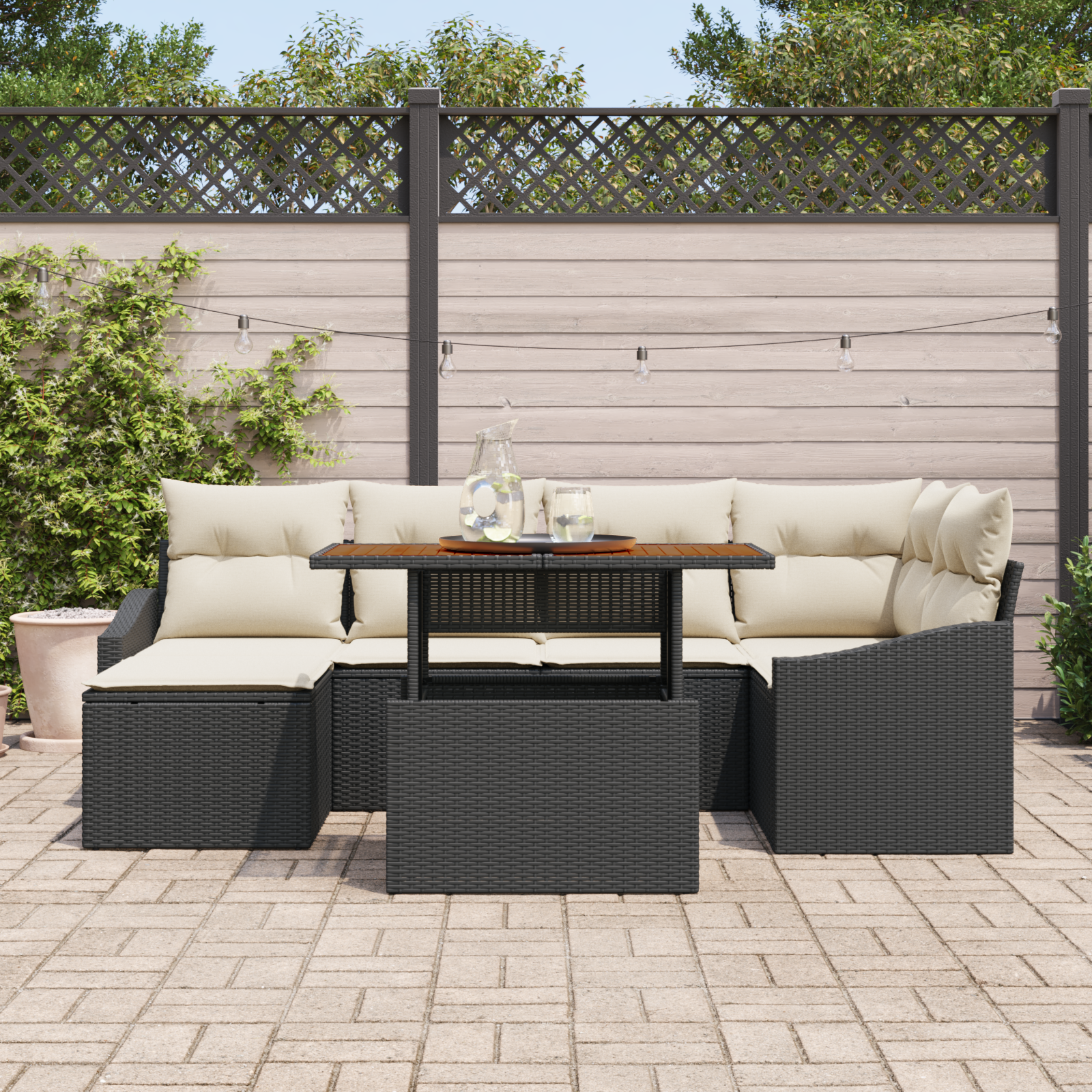 vidaXL 7-delige Tuinset met kussens poly rattan acaciahout zwart
