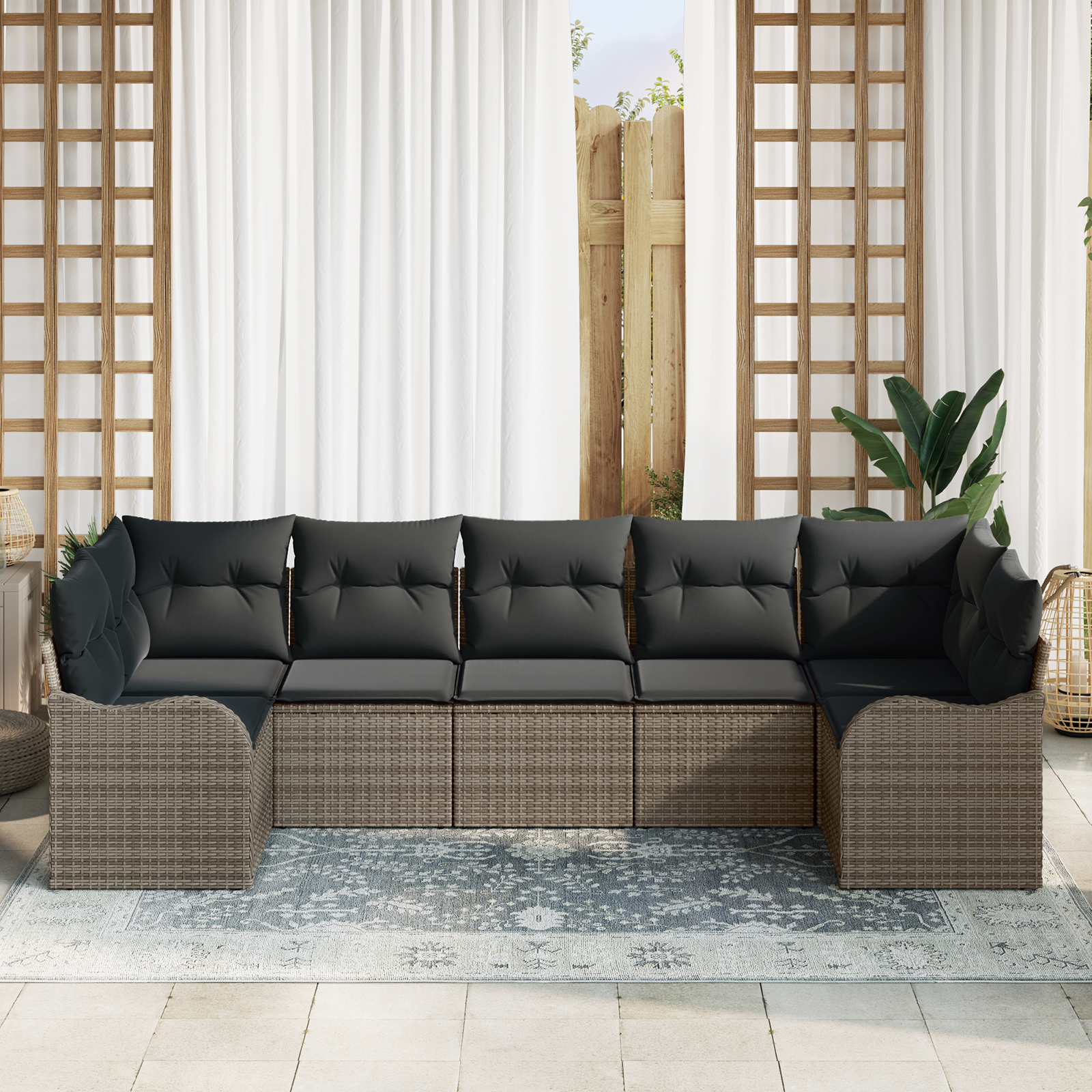 vidaXL 7-delige Ligbed Set met Kussens Grijs Poly Riet