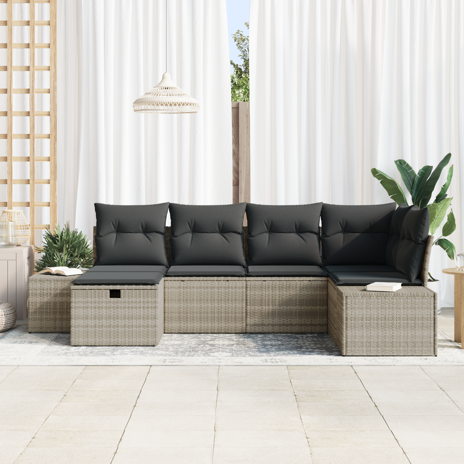 vidaXL 6-delige tuinset met kussens in lichtgrijs poly rattan