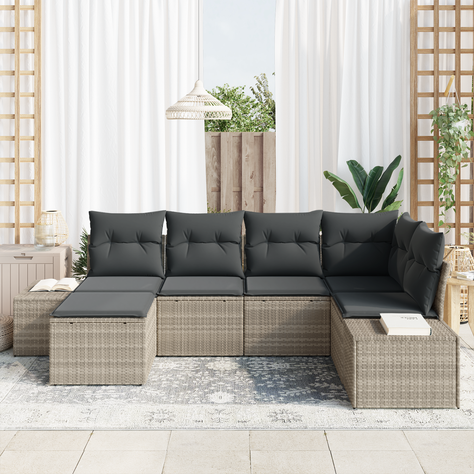 vidaXL 6-delige ligbed set met kussens lichtgrijs poly rattan