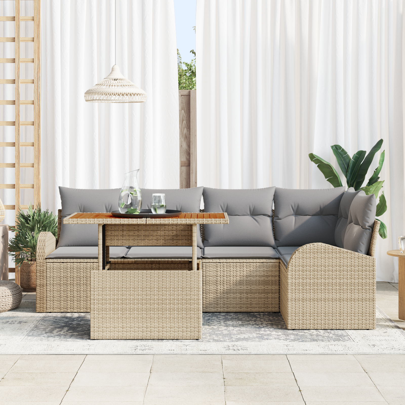 vidaXL Tuinbank Set van 6 Stukken met Kussens Beige Poly Rattan