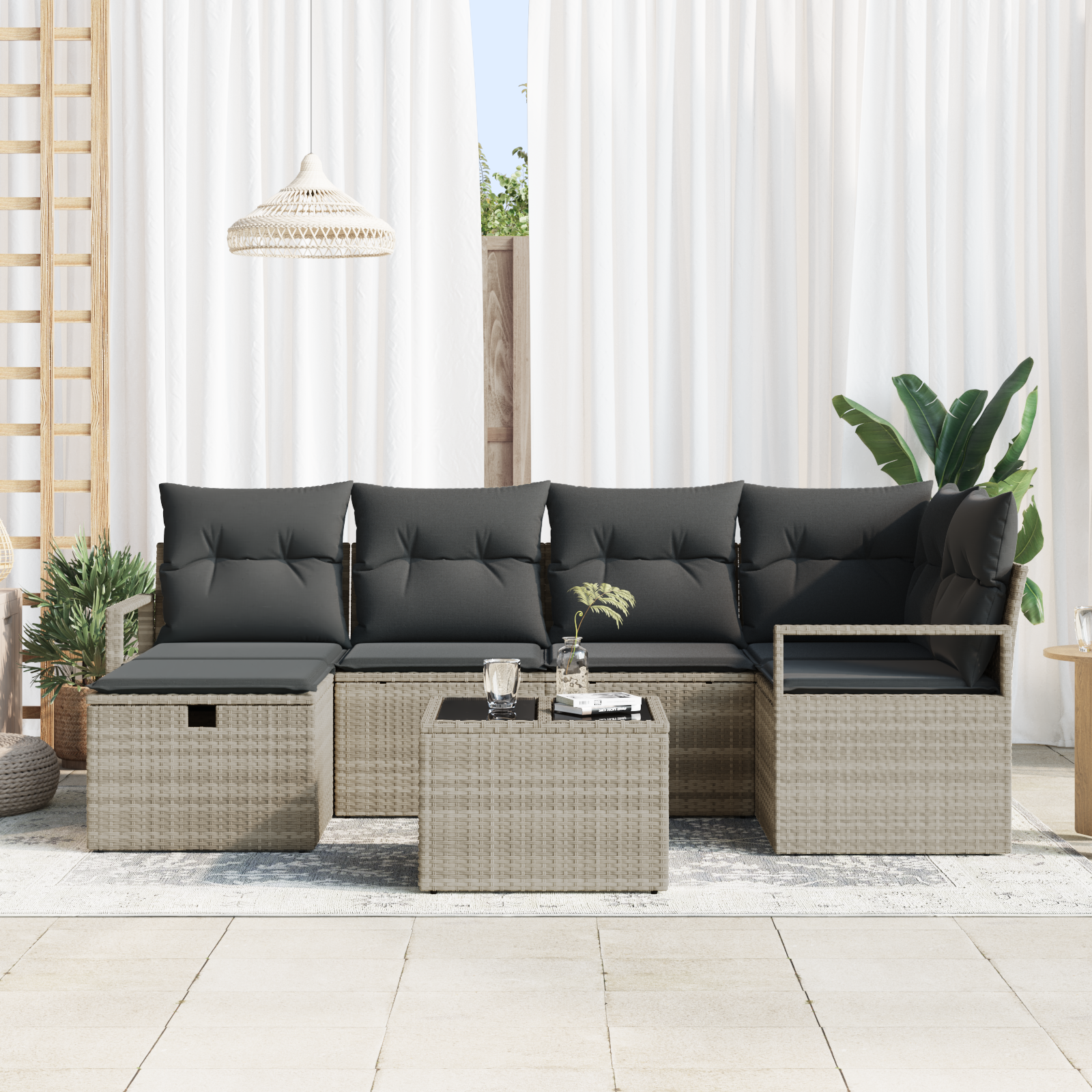 vidaXL 7-delige Tuinbankenset met kussens poly rattan lichtgrijs