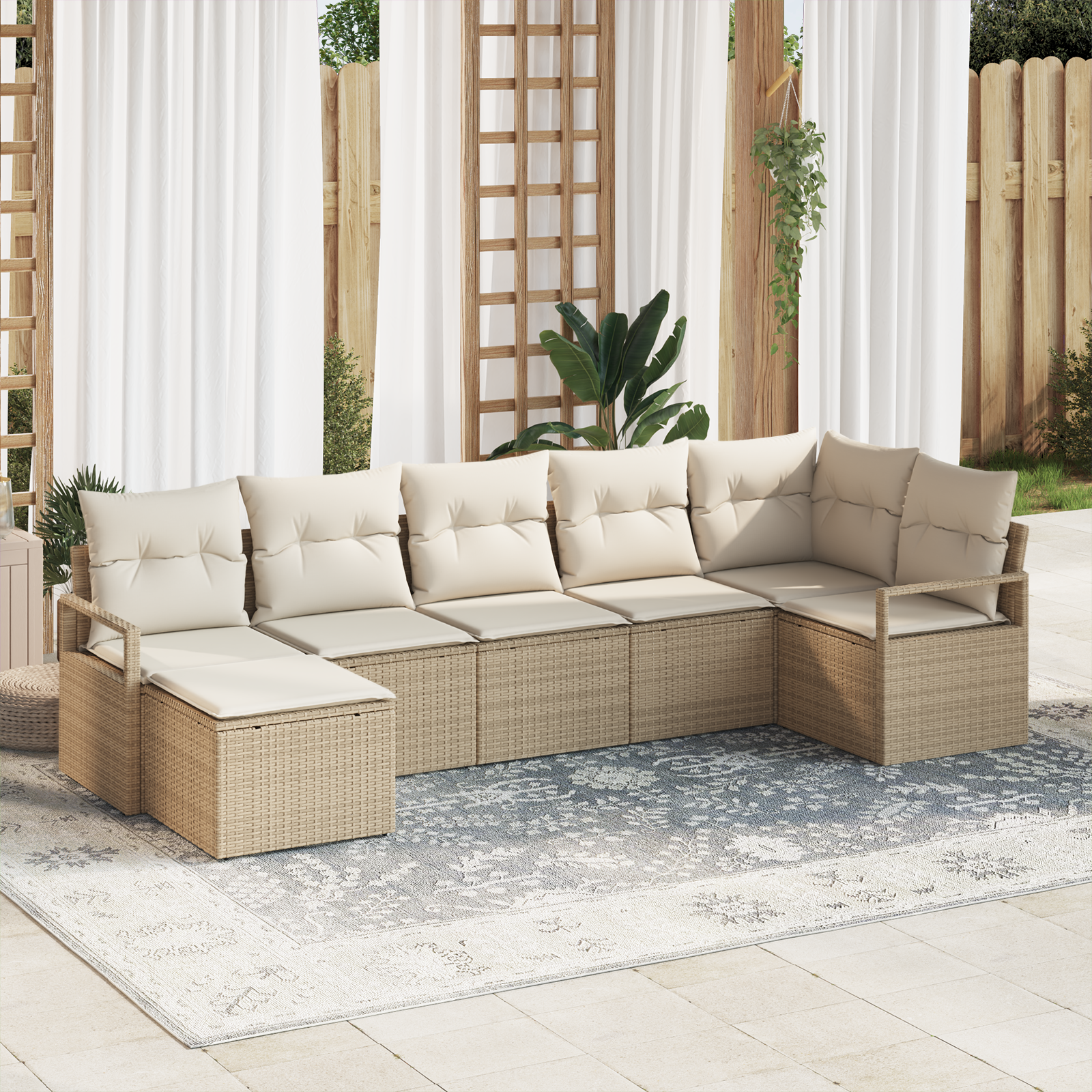 vidaXL 7-delige Tuinbankenset met kussens poly rattan beige