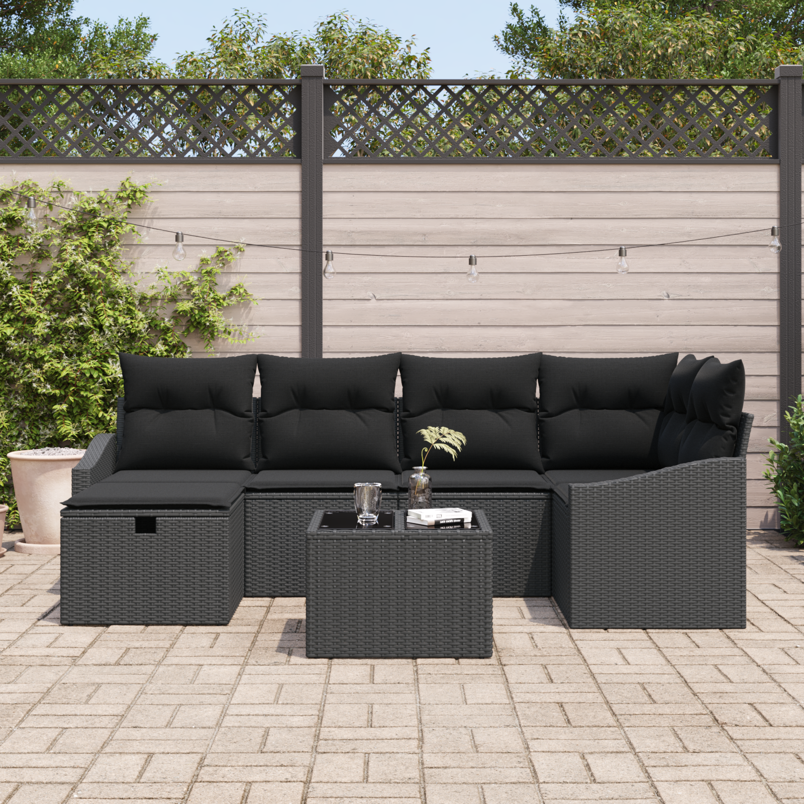 vidaXL 7-delige Tuin Sofa Set met Kussens Zwart Poly Rattan