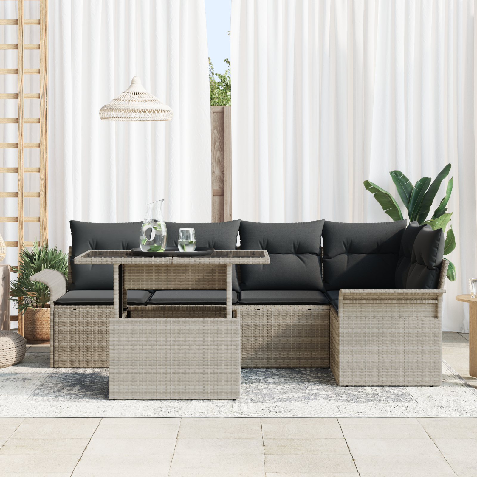 vidaXL 6-delige Tuinbankenset met kussens poly rattan lichtgrijs