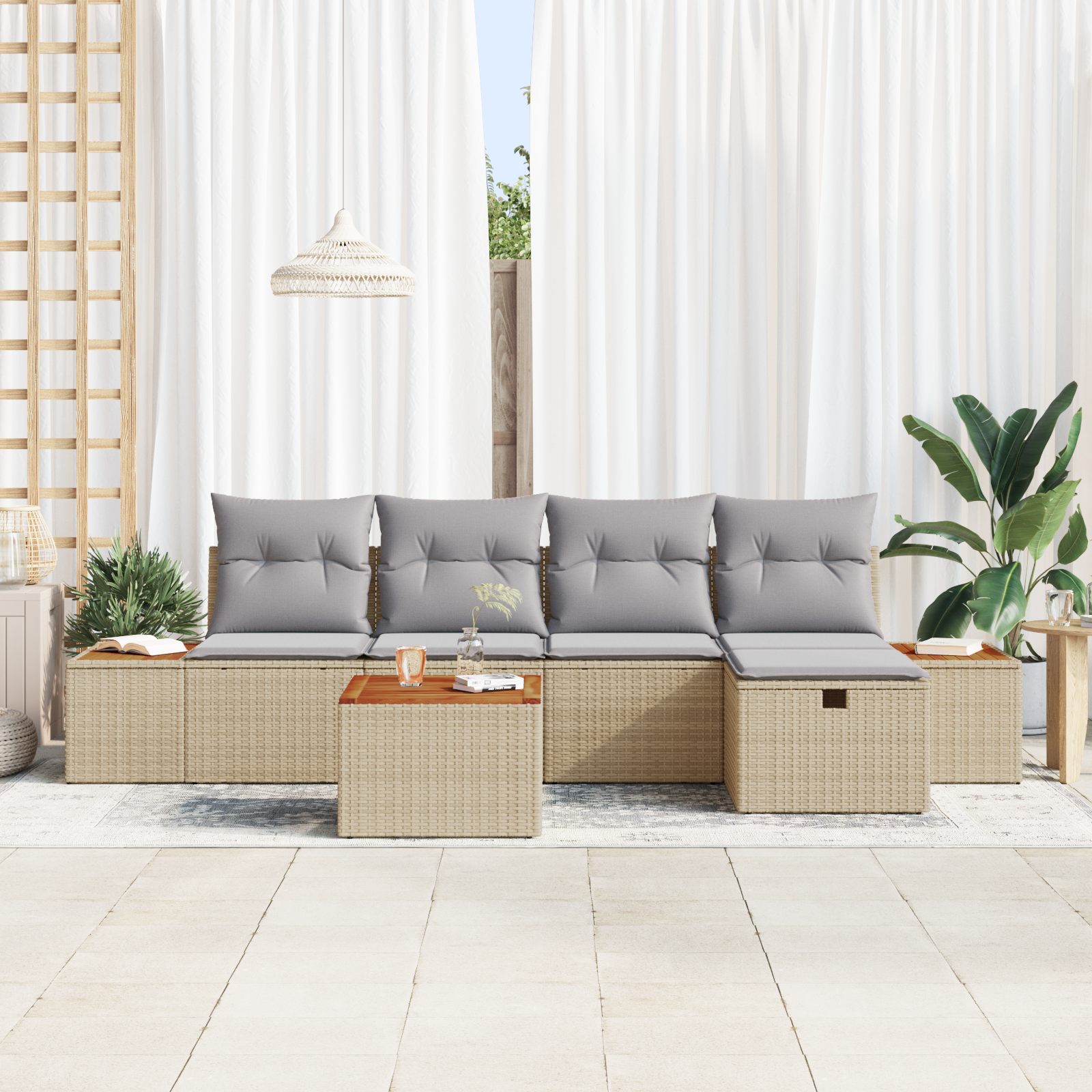 vidaXL 6-delige tuinbankset met kussens in beige poly rattan