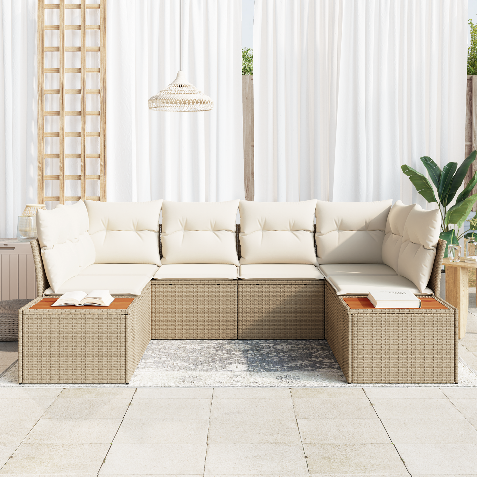 vidaXL 6-delige tuinset met kussens - Beige Poly Rattan Acacia