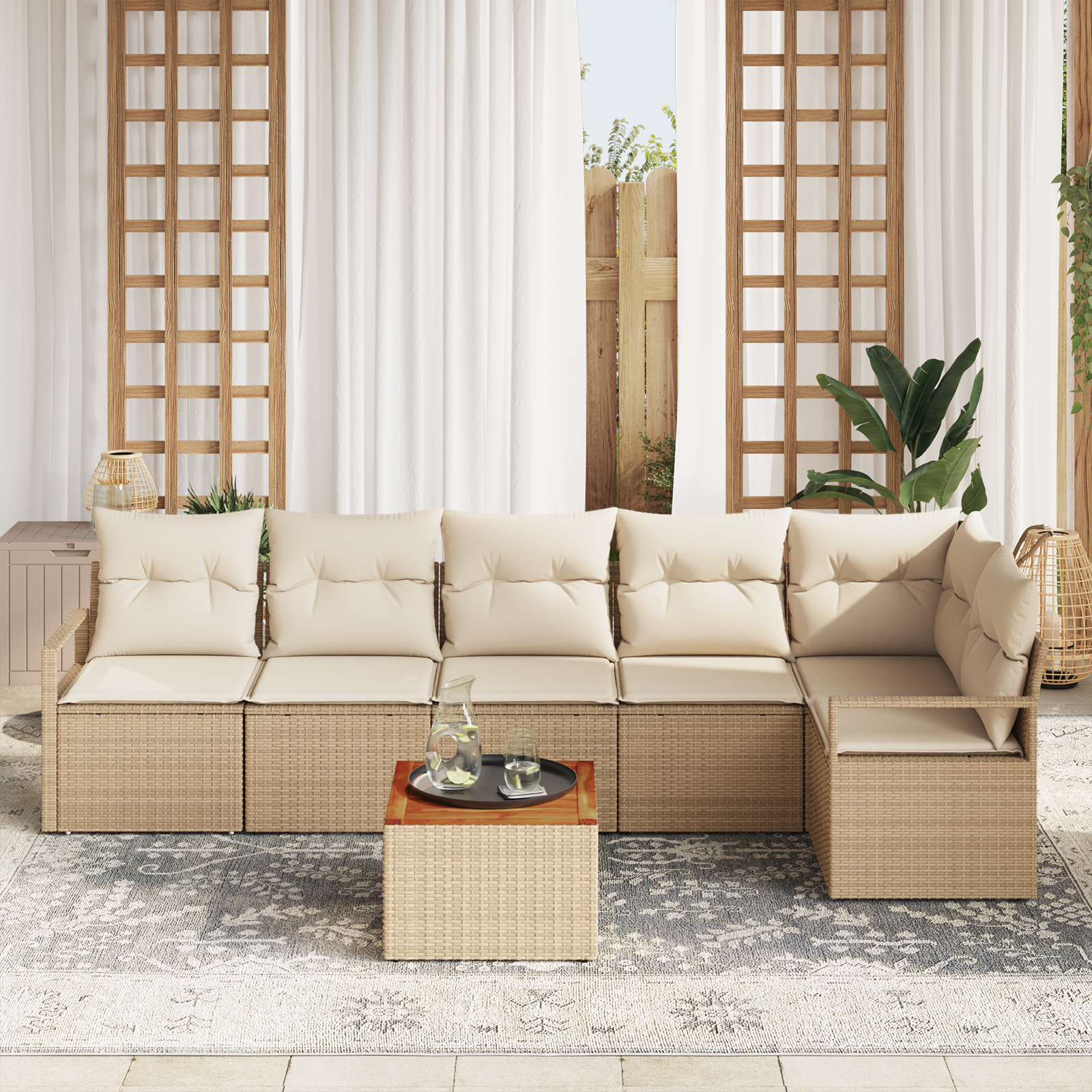 vidaXL 7-delige tuinsofa set met kussens in beige poly rattan en acacia