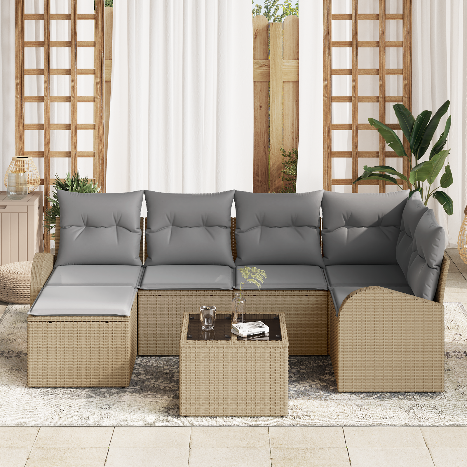 vidaXL 7-delige tuinset met kussens zwart poly rattan