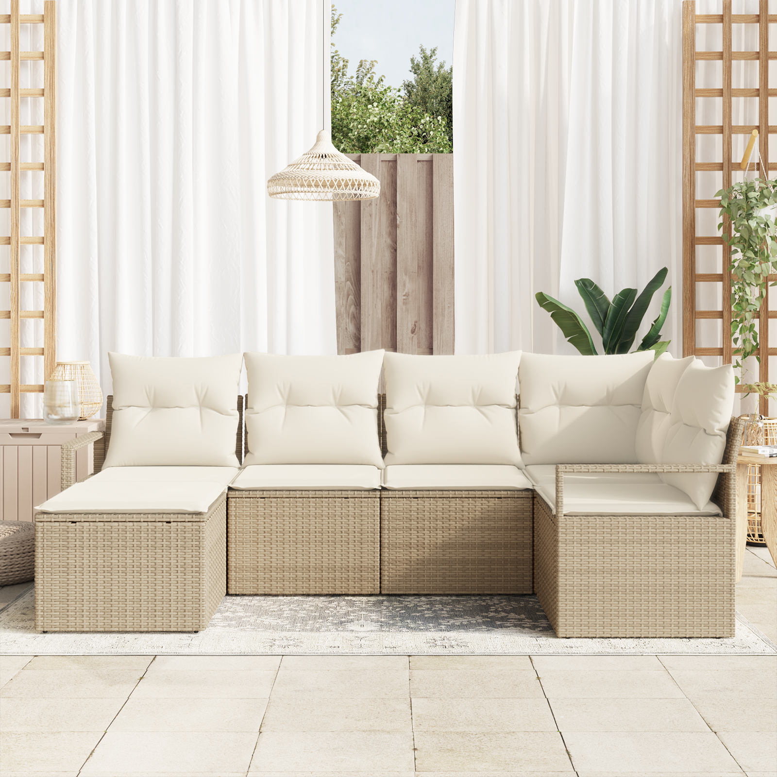 vidaXL 6-delige tuinset met kussens in beige poly rattan