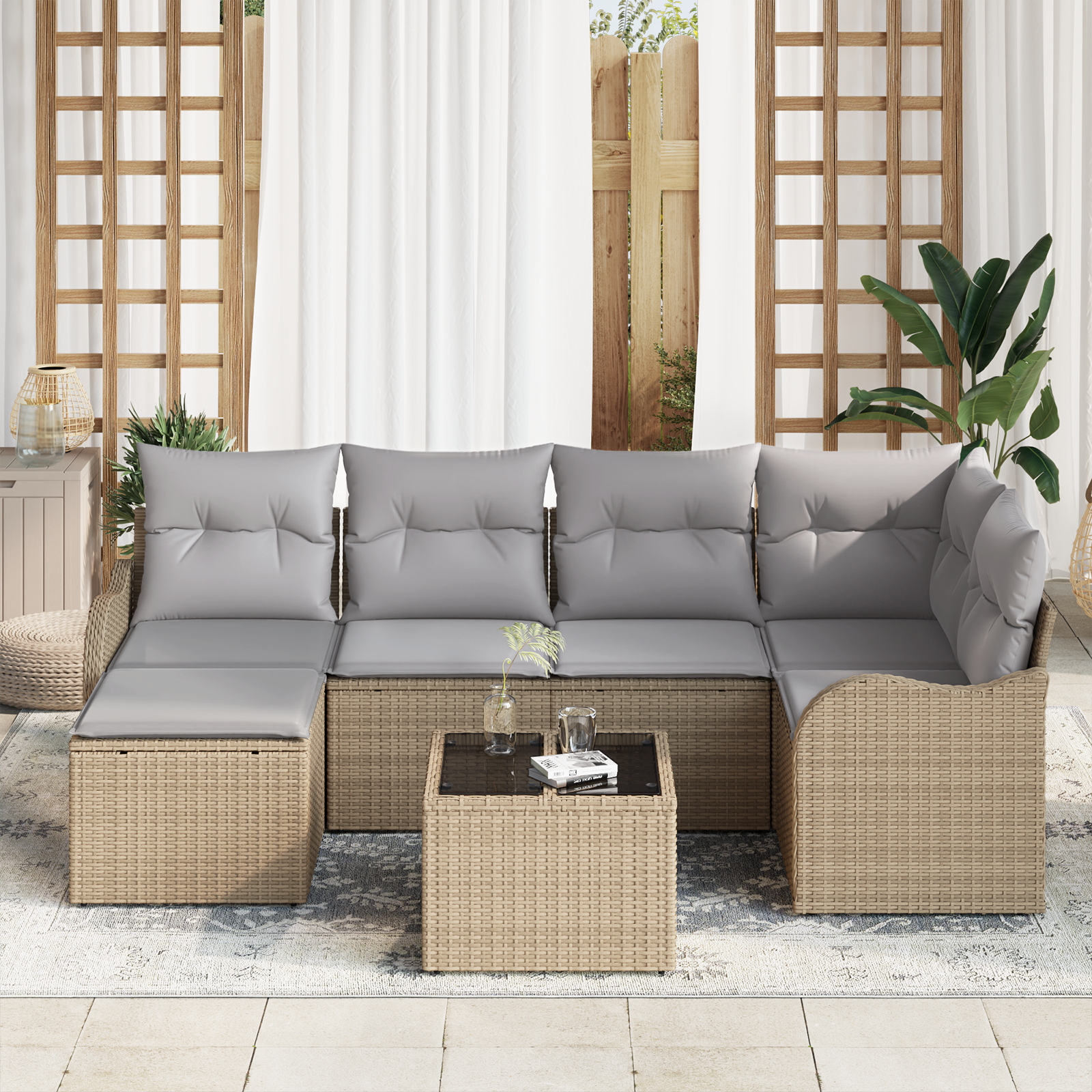 vidaXL 7-delige tuinbankset met kussens zwart poly rattan