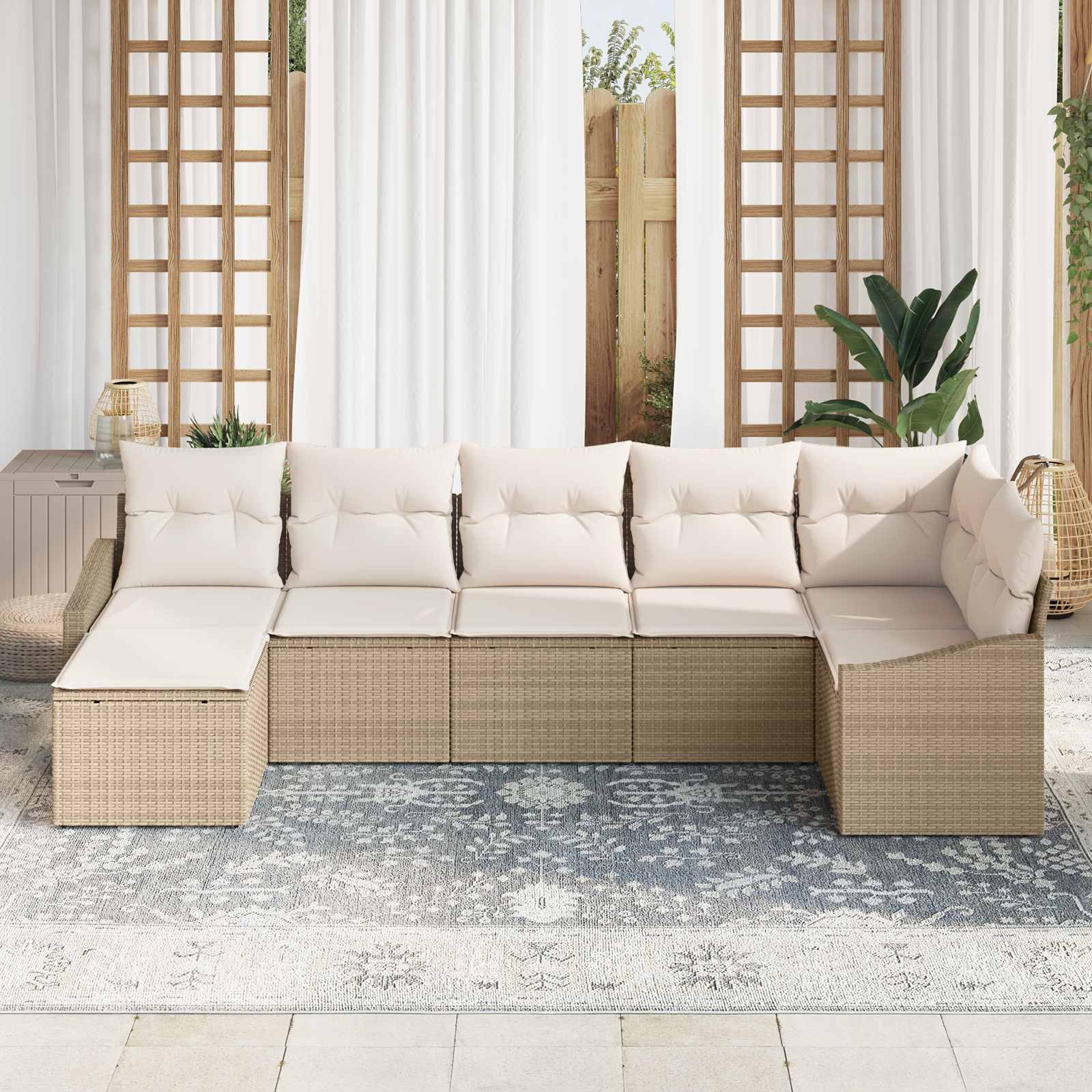 vidaXL 7-delige Tuinbankenset met kussens poly rattan beige