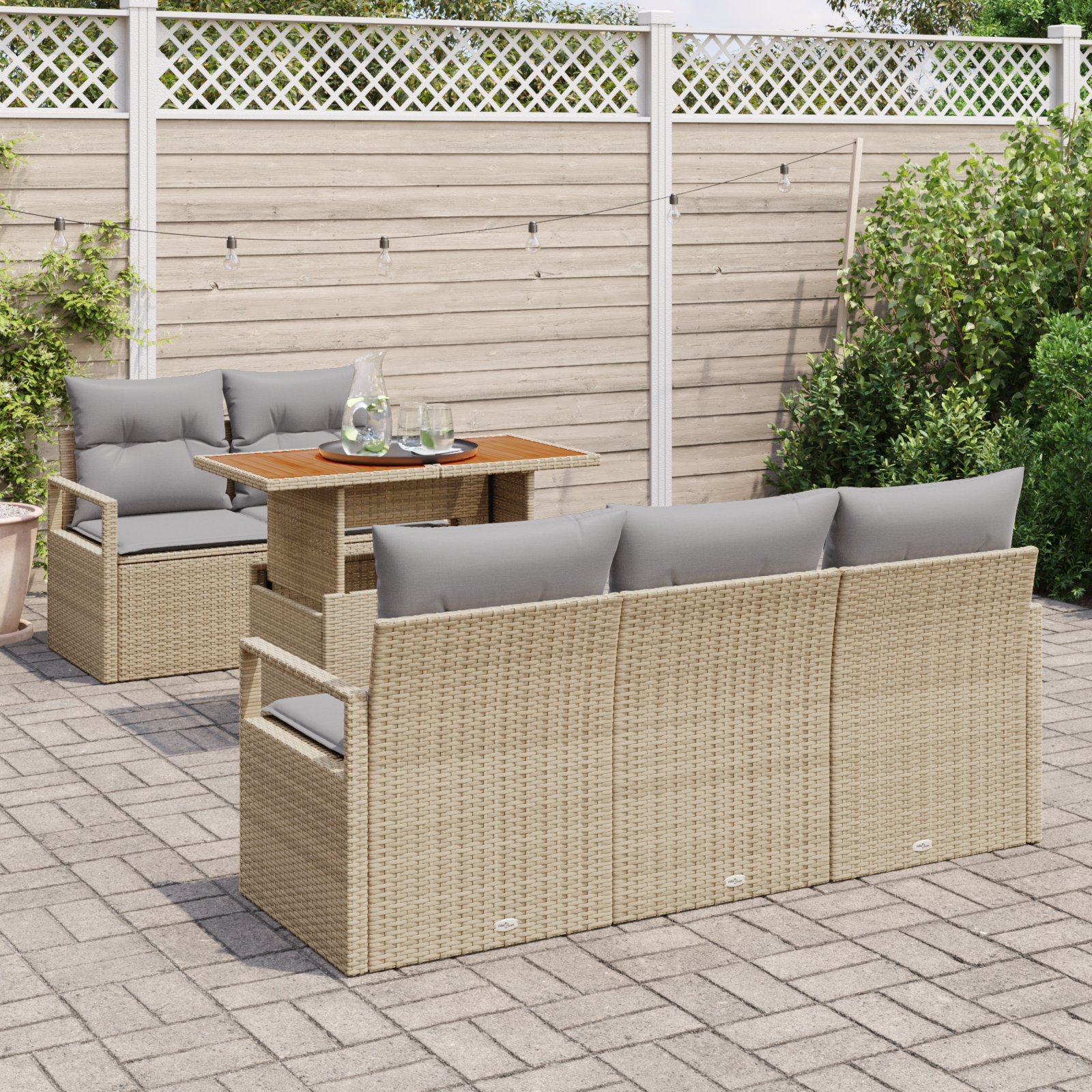 vidaXL 6-delige Tuinbankenset met kussens poly rattan acacia beige