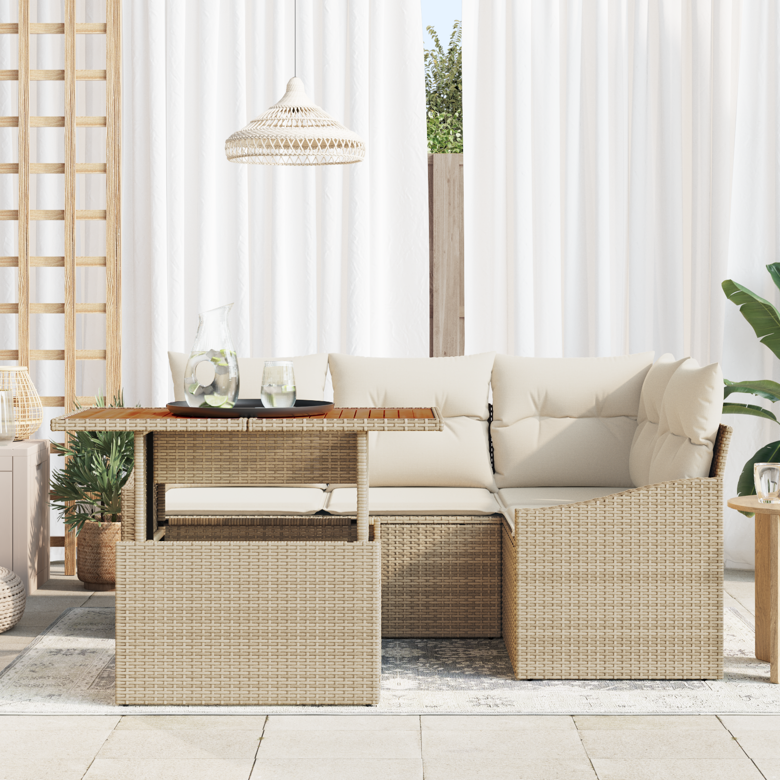 vidaXL 5-delige Tuinbankenset met kussens poly rattan beige