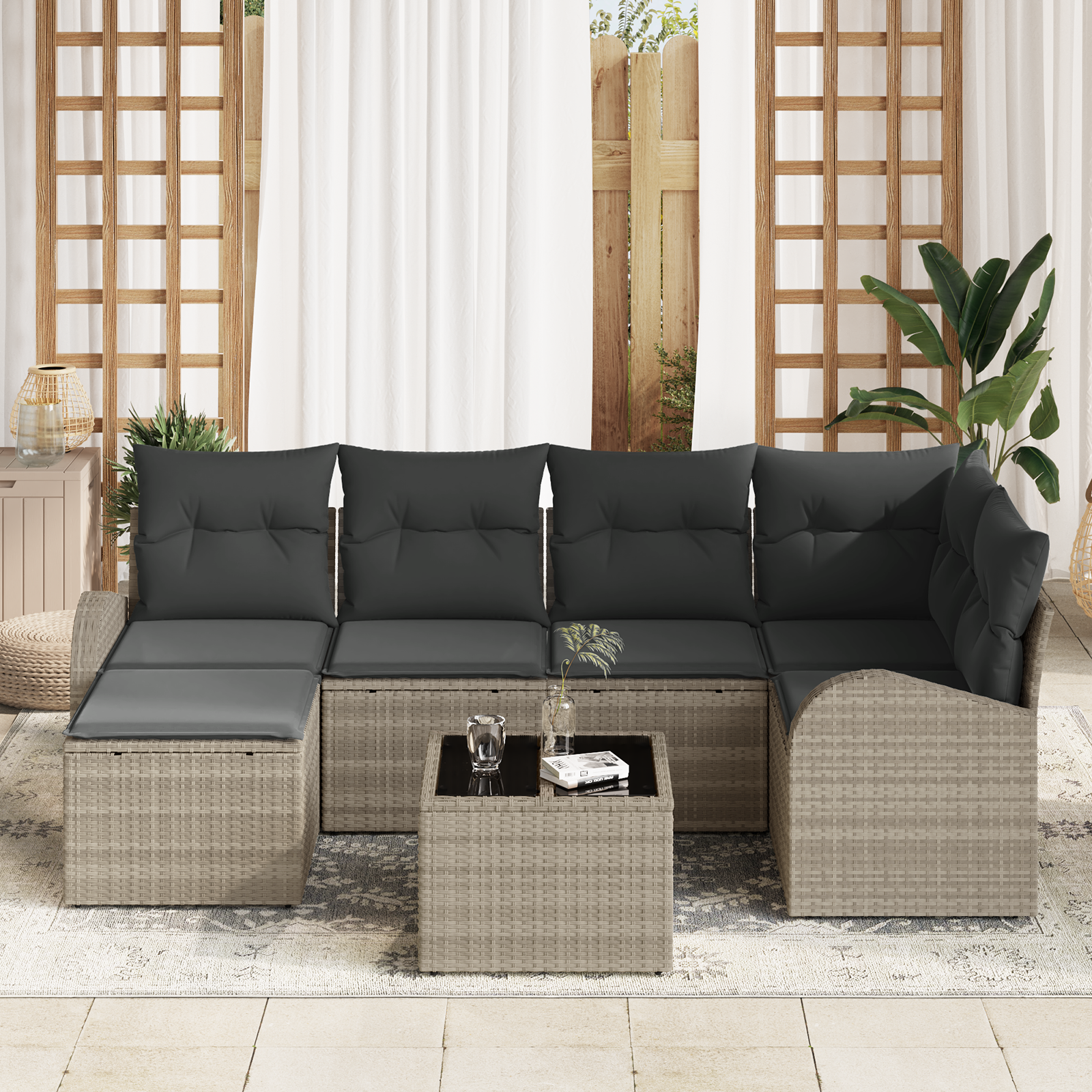 vidaXL 7-delige tuinset met kussens in grijs poly rattan