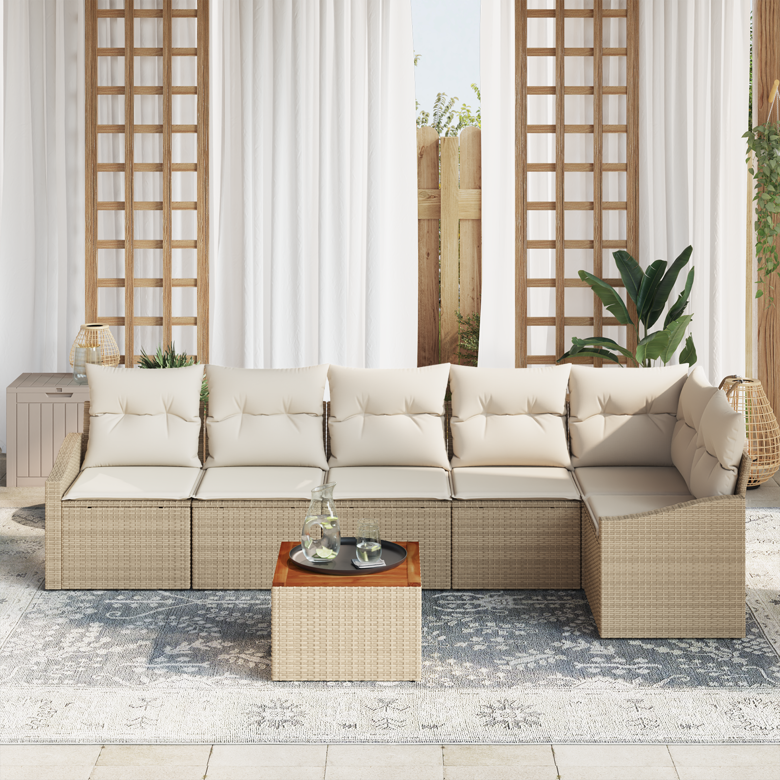 vidaXL 7-delige Tuinbankenset met kussens poly rattan acaciahout beige