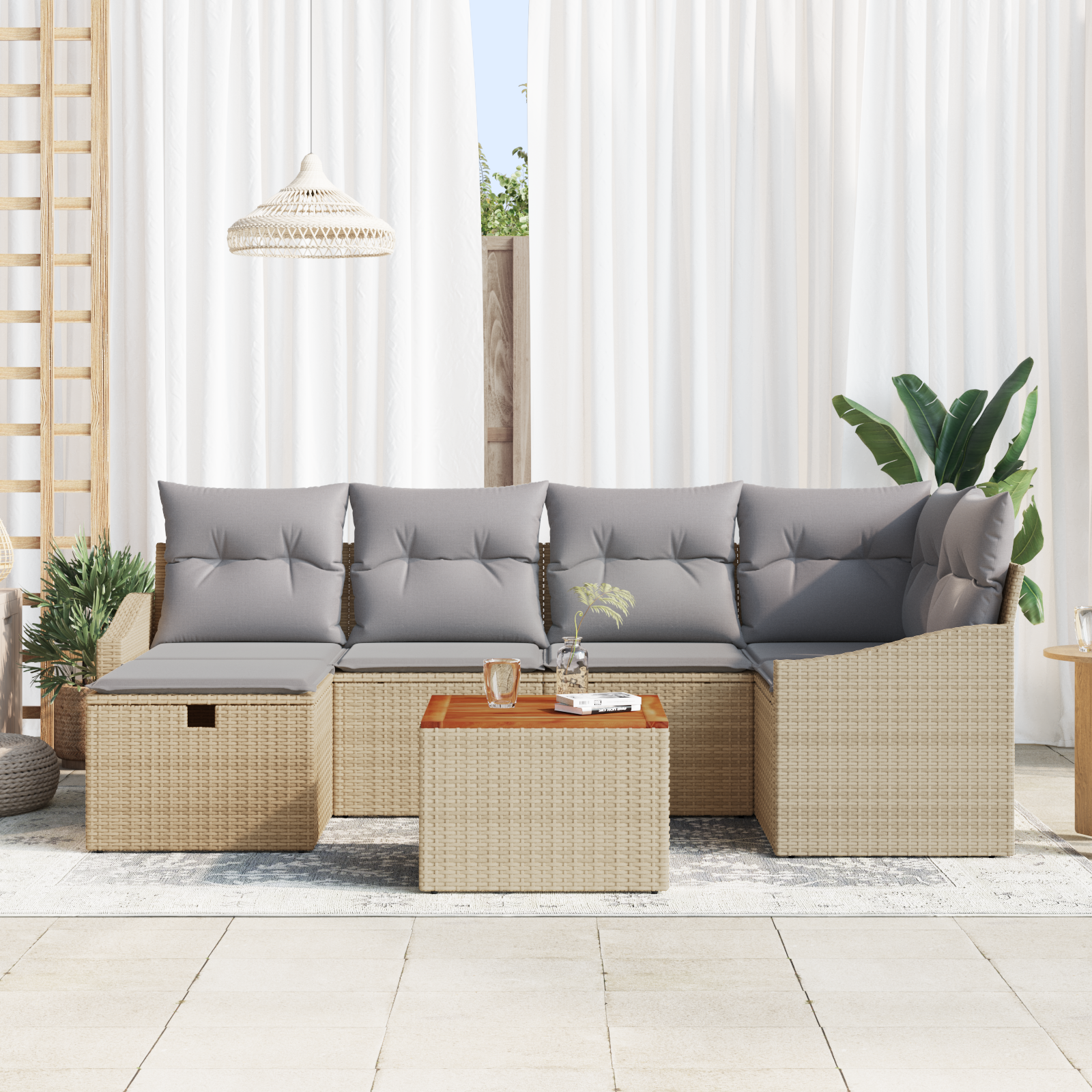 vidaXL 7-delige tuinset met kussens Beige Poly Rattan
