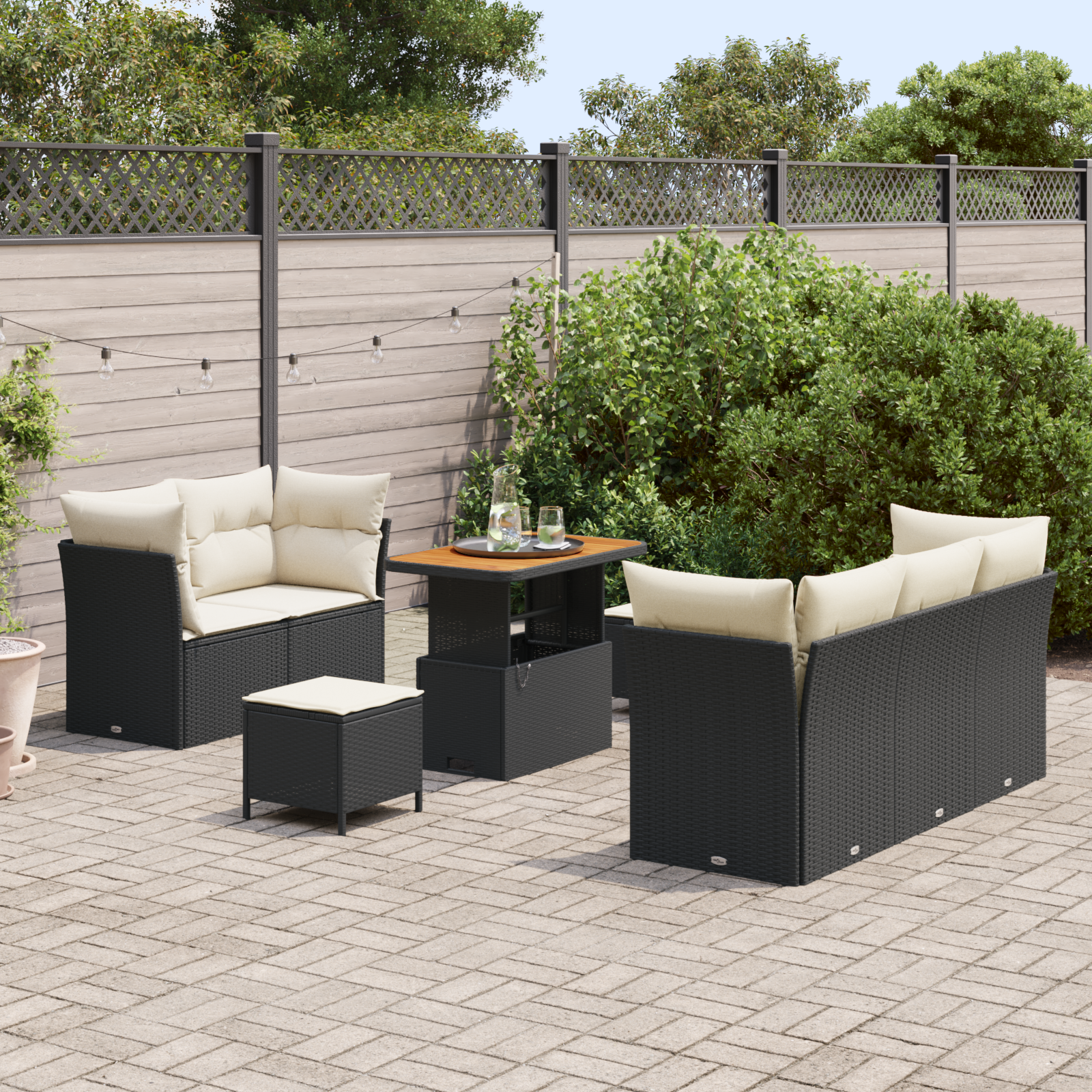 vidaXL 8-delige tuinbankset met kussens in zwart poly rattan en acacia