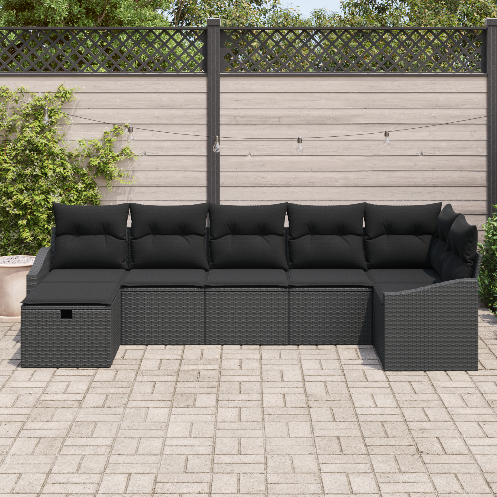 vidaXL 7-delige Tuinbankenset met kussens poly rattan zwart