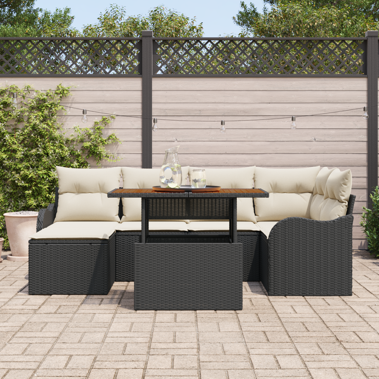 vidaXL 7-delige tuinset met kussens in zwart poly rattan en acaciahout