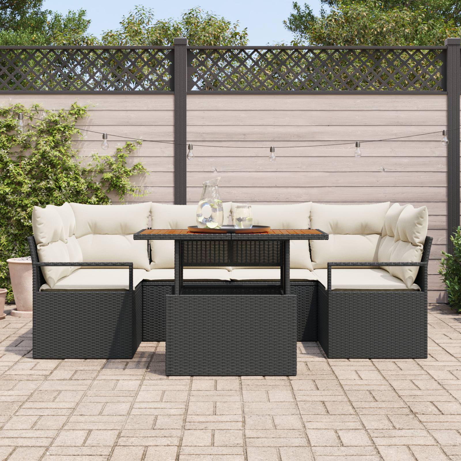 vidaXL 7-delige tuinset met kussens zwart poly rattan acacia