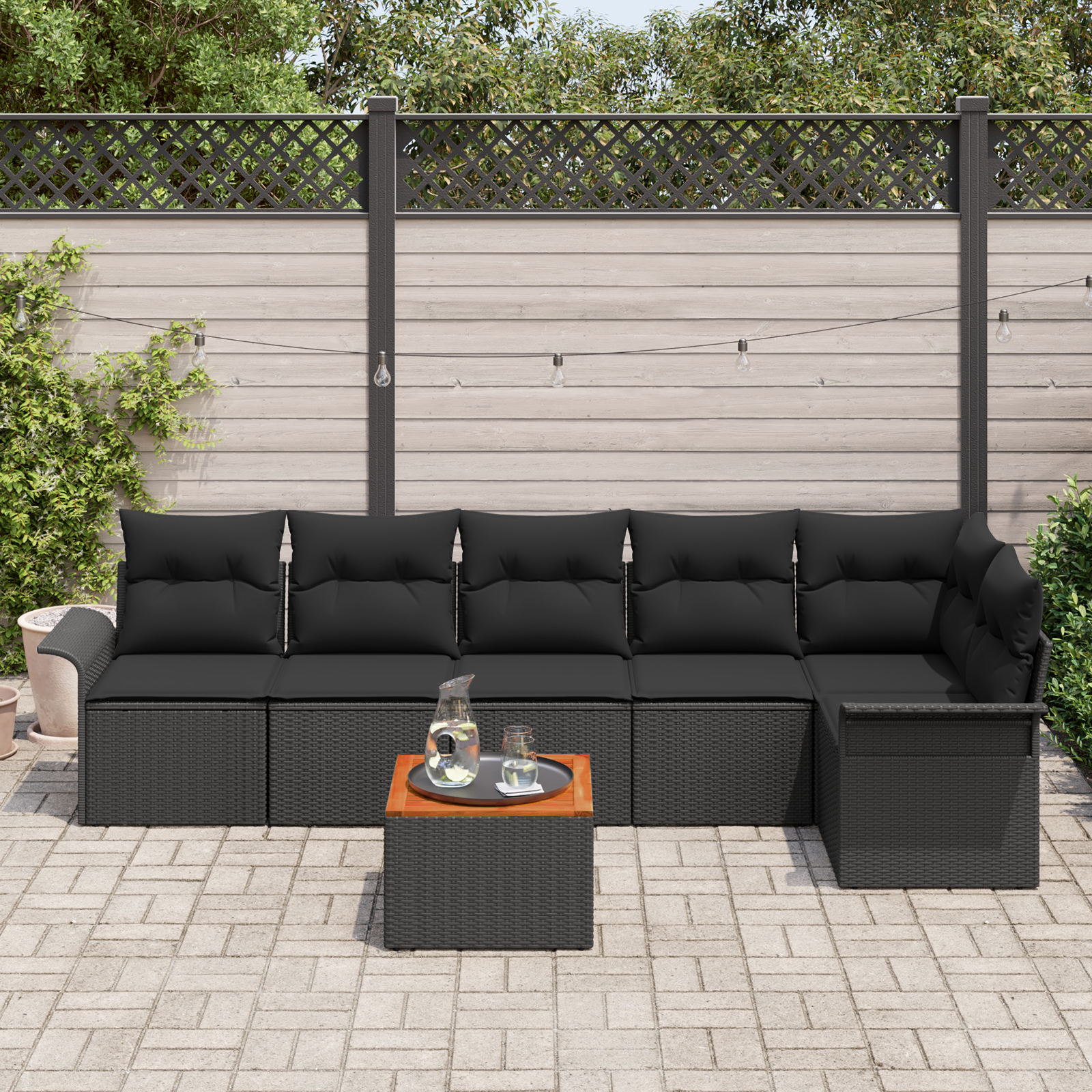 vidaXL 7-delige tuinset met kussens zwart poly riet acacia