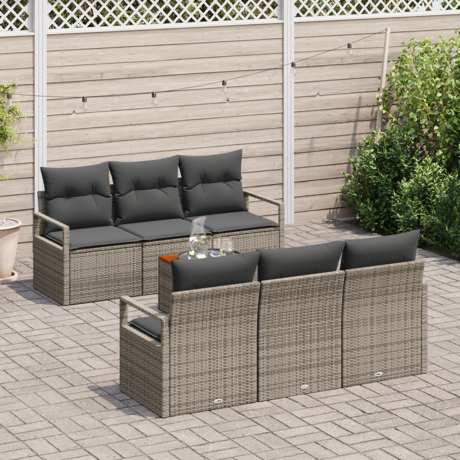 vidaXL 7-delige Tuinbankenset met kussens poly rattan acacia grijs