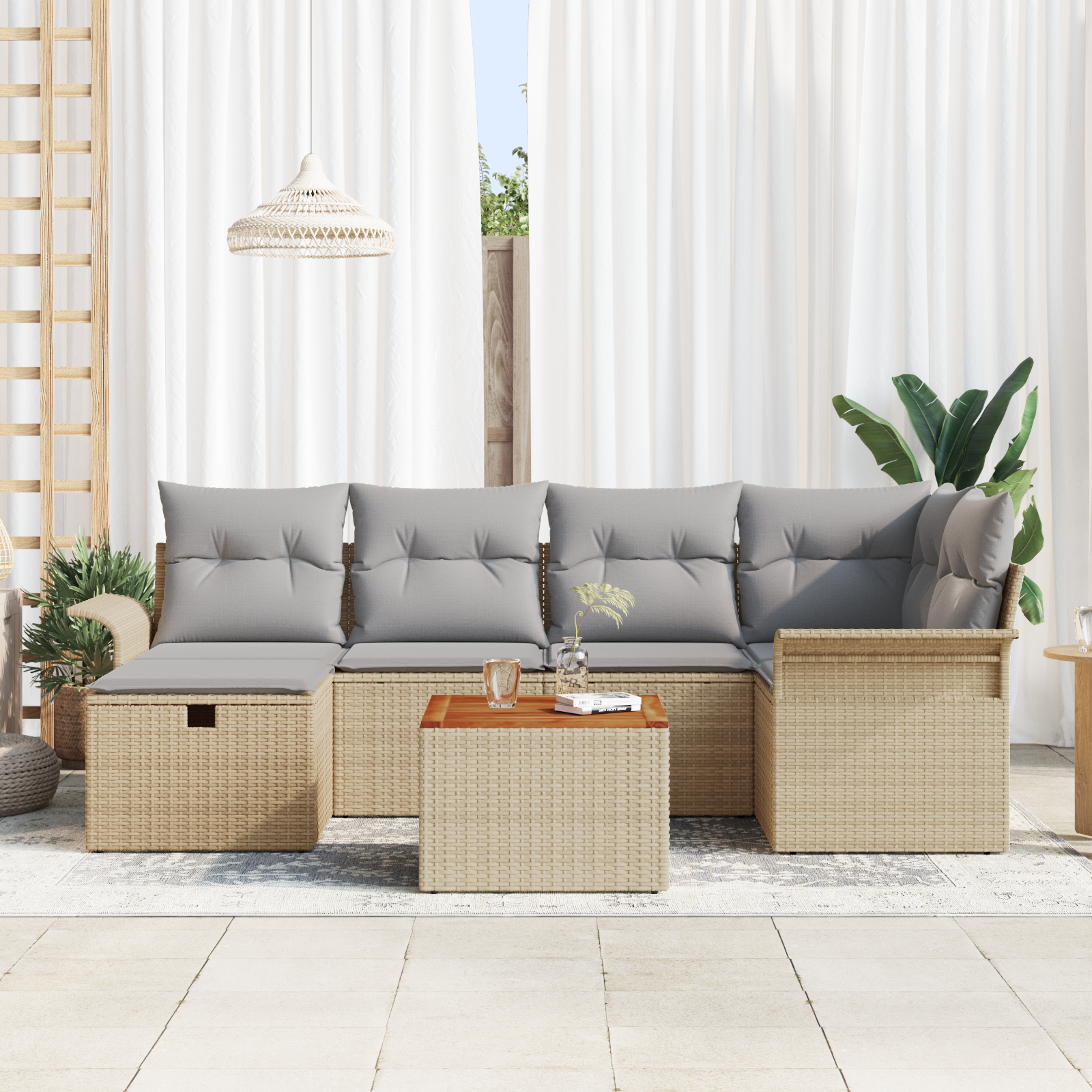 vidaXL 7-delige tuinsofa set met kussens in beige poly rattan