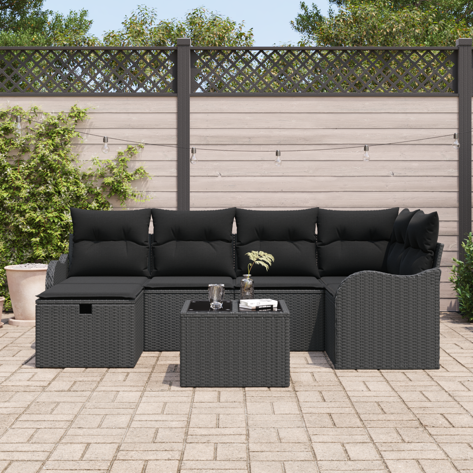 vidaXL 7-delige Tuinbankenset met kussens poly rattan zwart