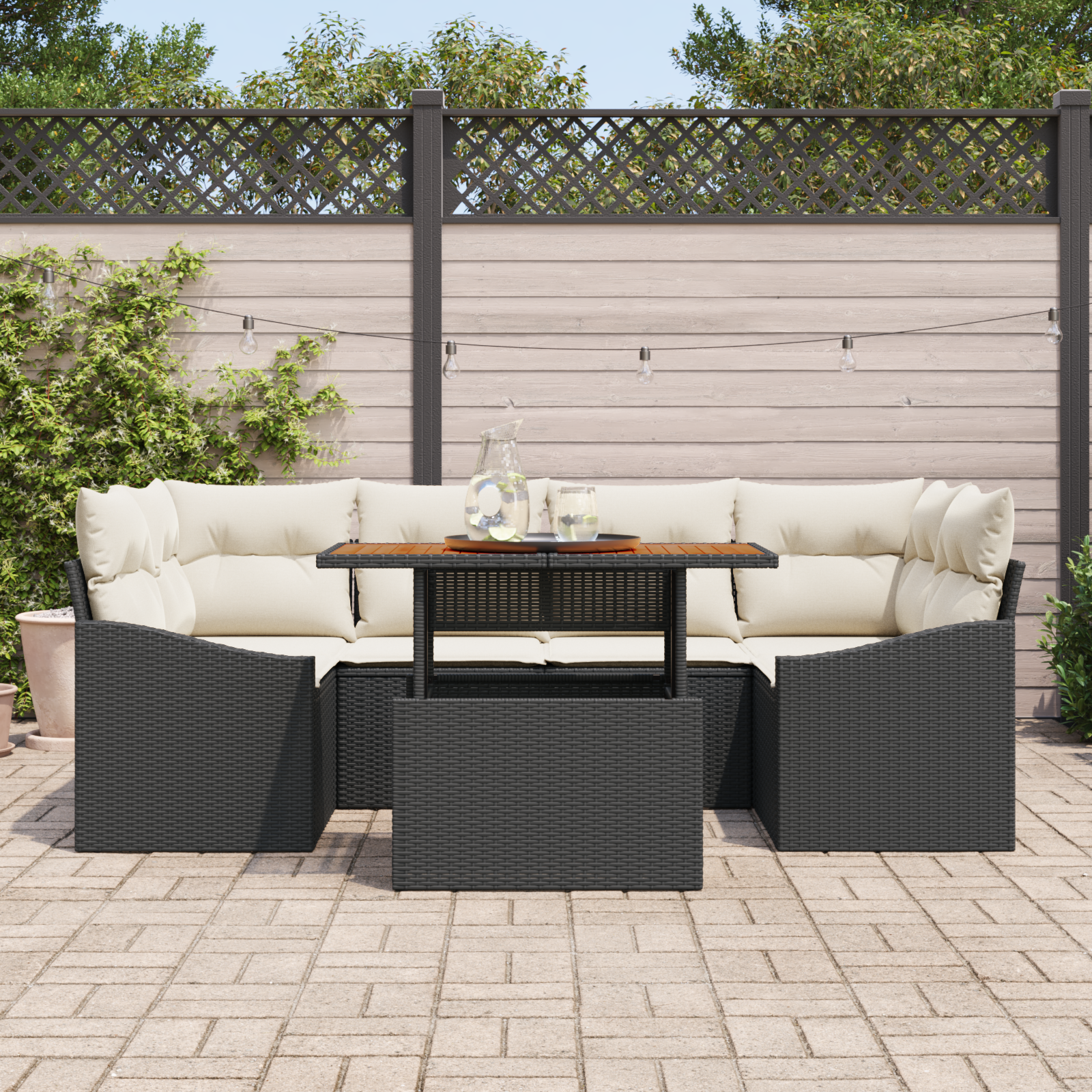 vidaXL 7-delige Tuinset met kussens poly rattan acaciahout zwart
