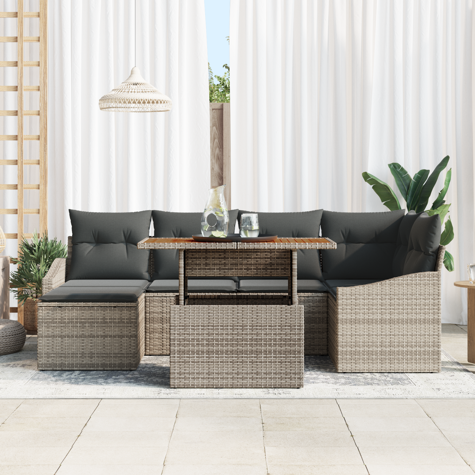 vidaXL 7-Delige Tuin Eettafelset met Kussens - Grijs Poly Rattan en Acacia