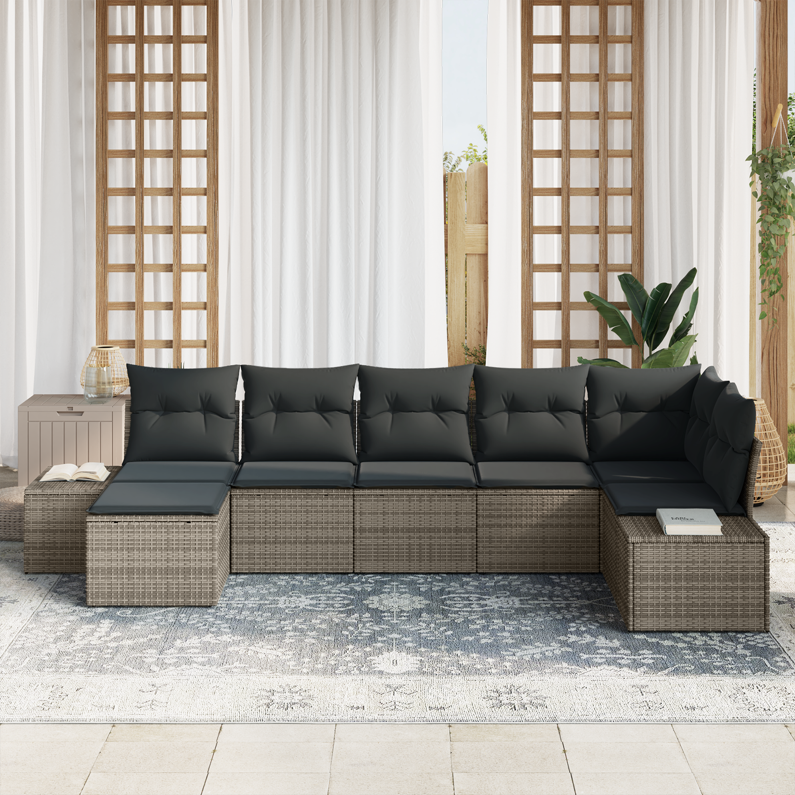 vidaXL 7-delige Tuinbankenset met kussens poly rattan grijs