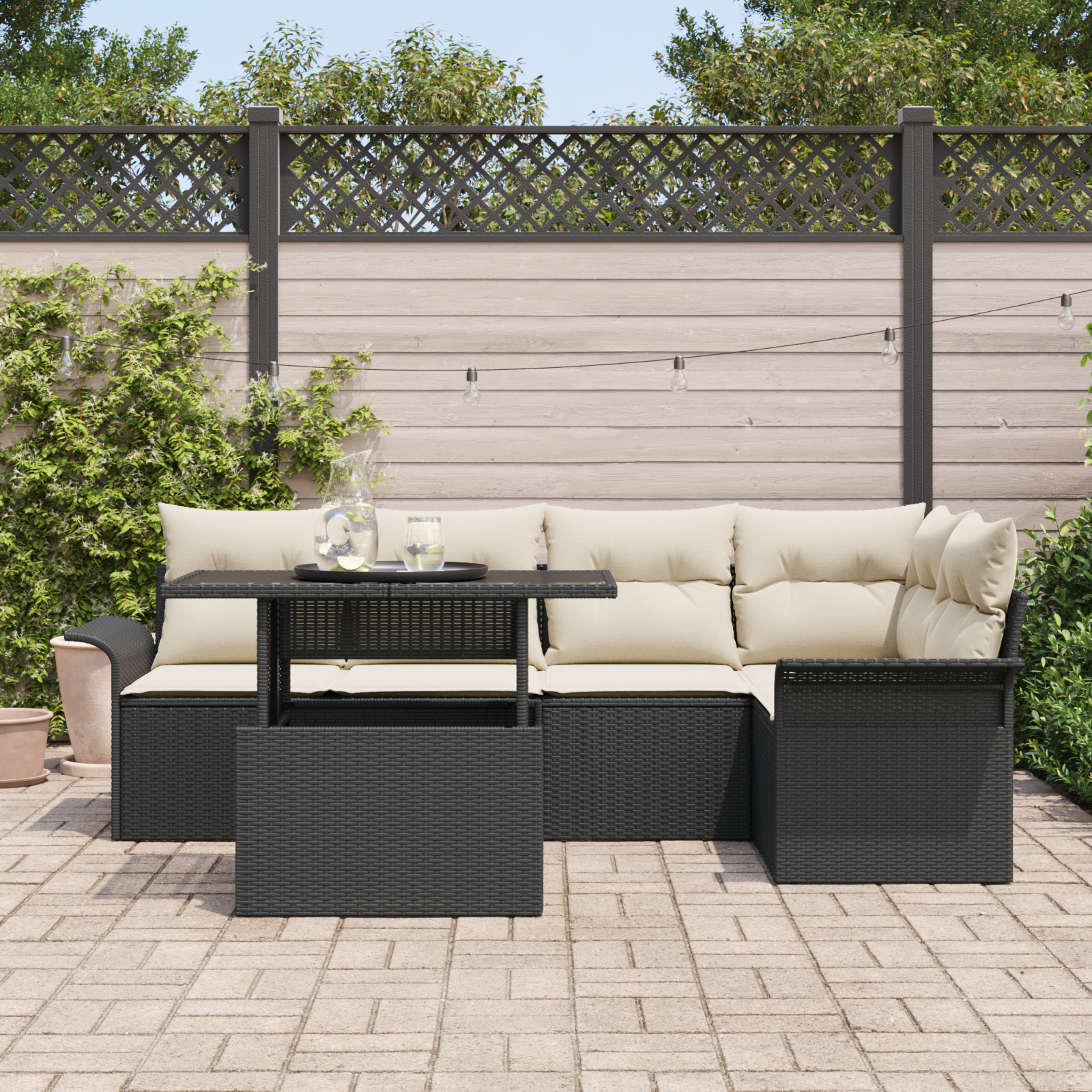 vidaXL 6-delige Tuinbankenset met kussens poly rattan zwart