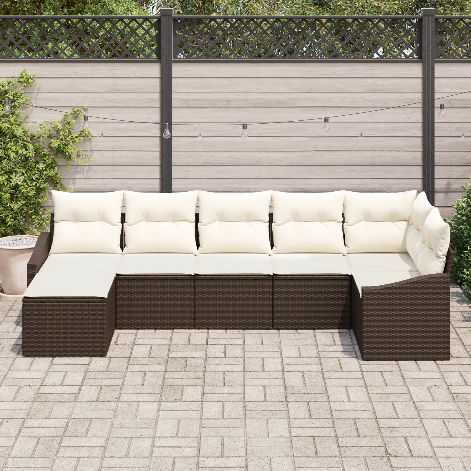 vidaXL 7-delige Tuinbankenset met kussens poly rattan bruin