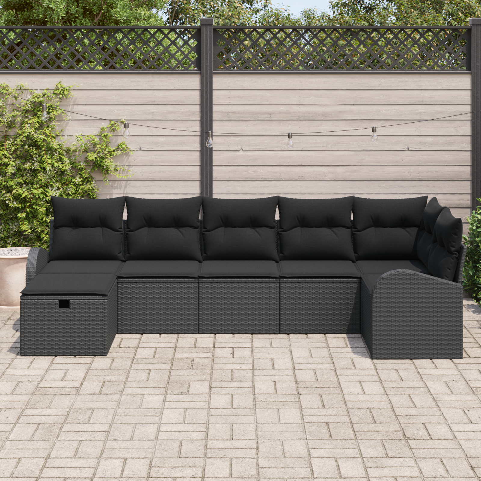 vidaXL 7-delige Tuinbankenset met kussens poly rattan zwart