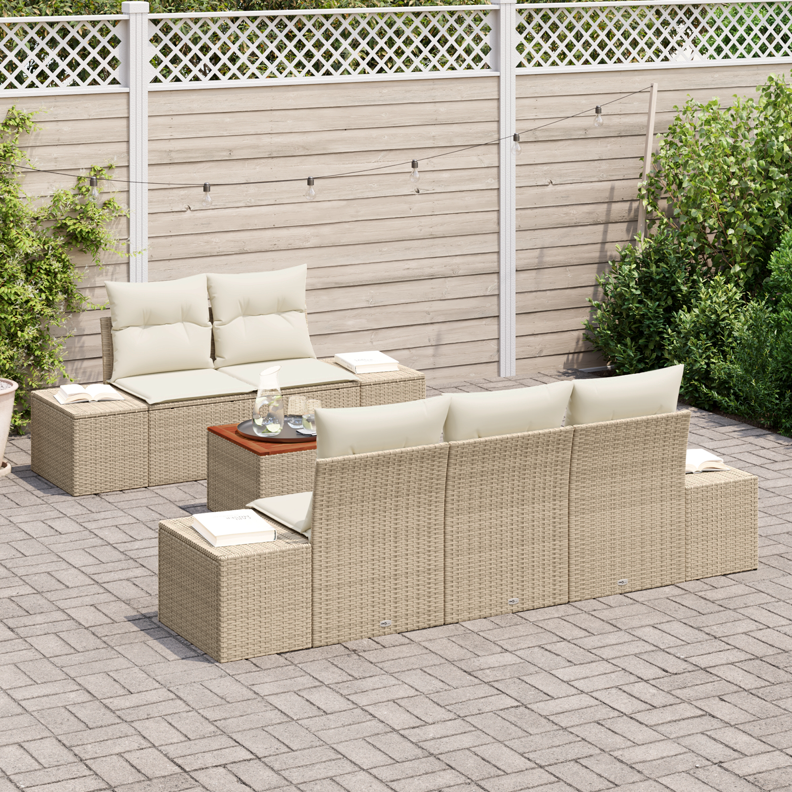 vidaXL 6-delige Tuinbankenset met kussens poly rattan acaciahout beige