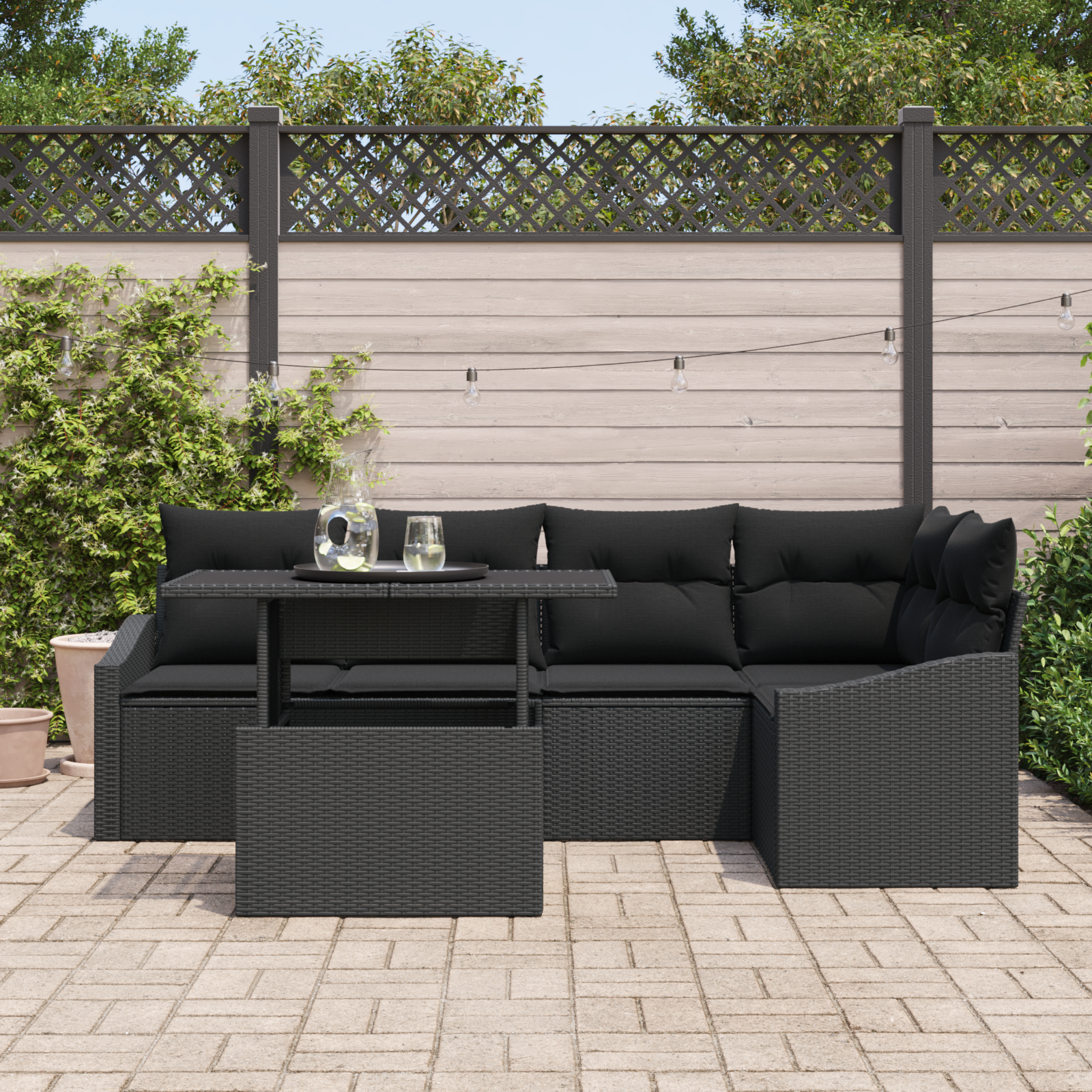 vidaXL 6-delige Tuinbankenset met kussens poly rattan zwart