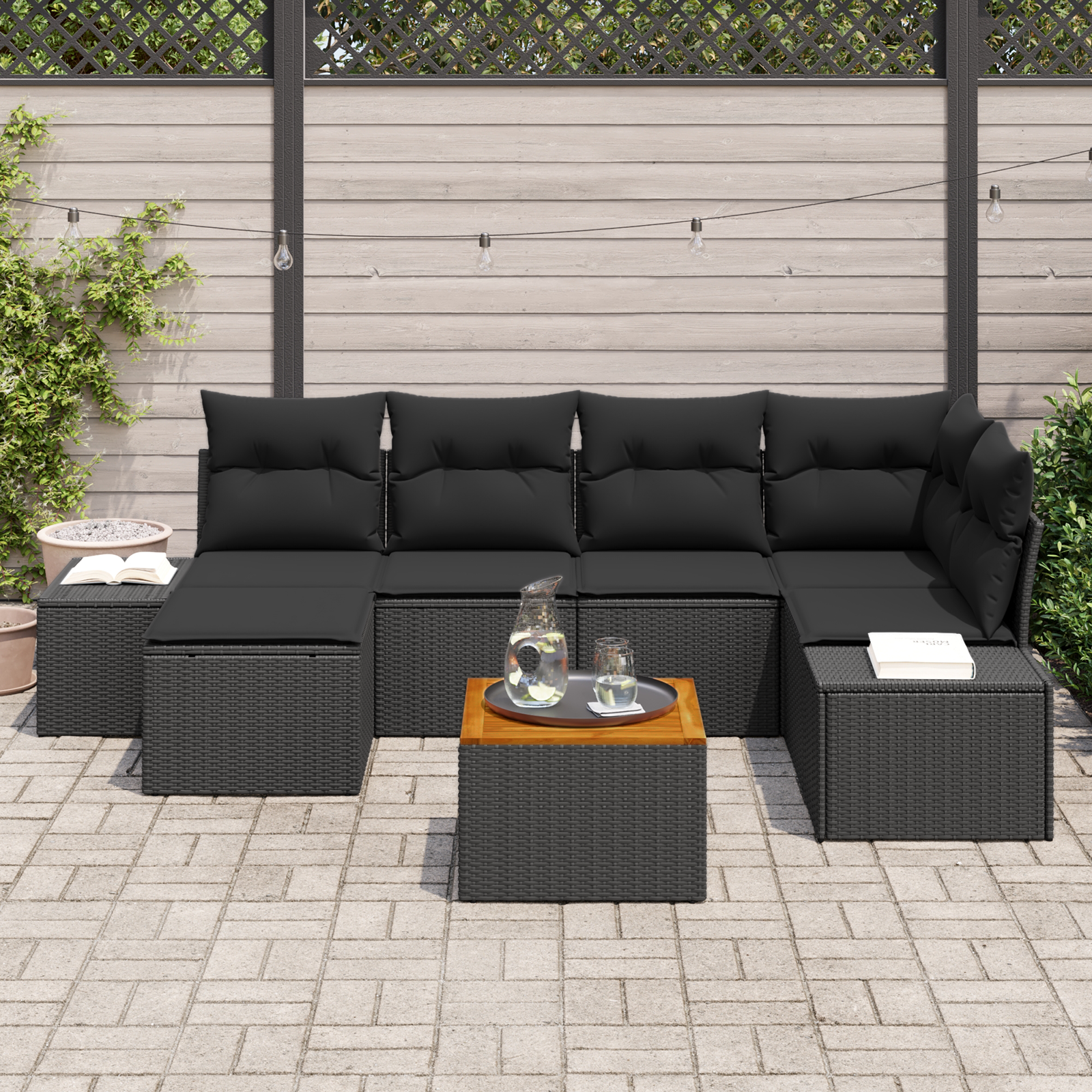 vidaXL 7-delige Tuinbank Set met Kussens - Zwart Poly Rattan en Acacia