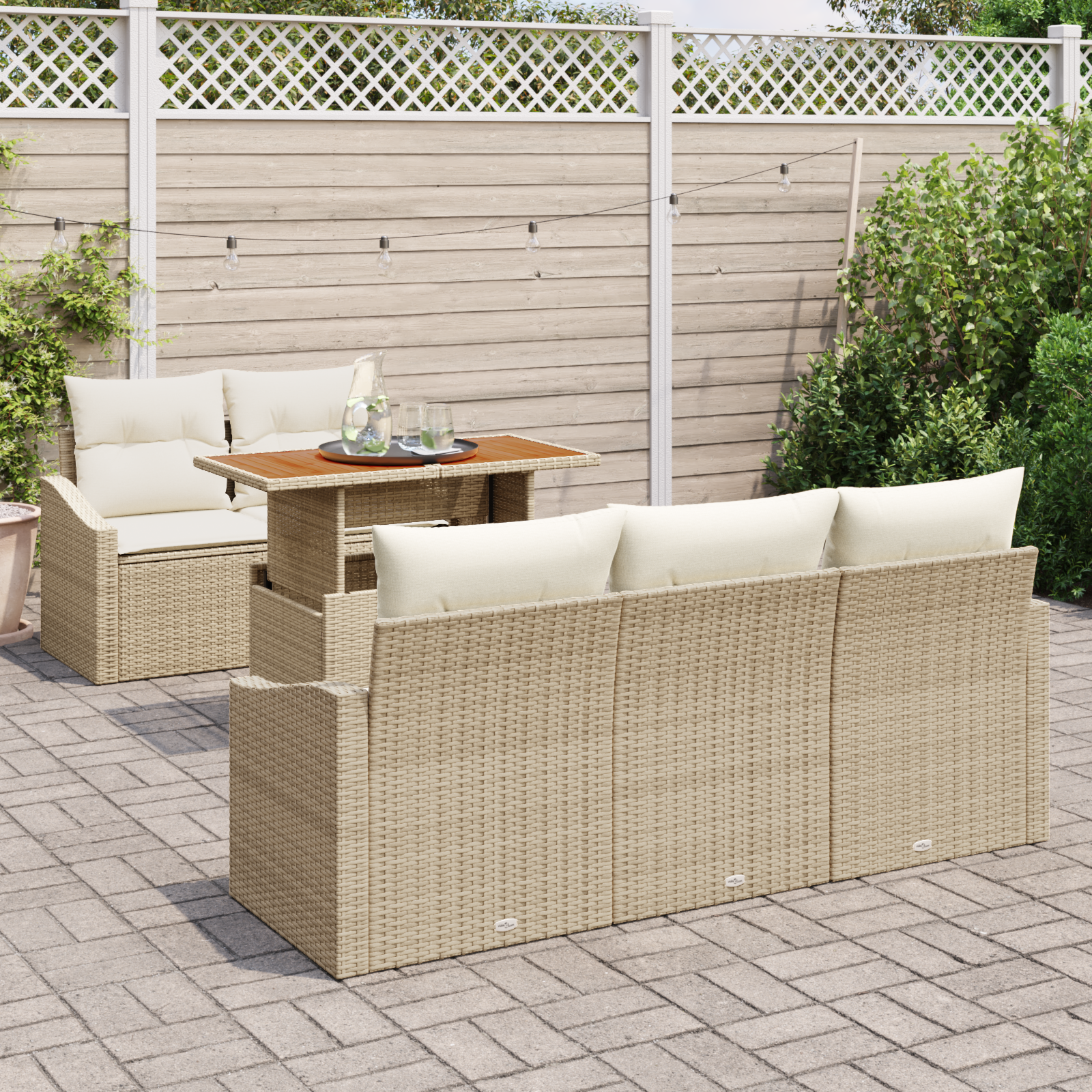 vidaXL 6-delige tuin eettafelset met kussens beige poly rattan acacia