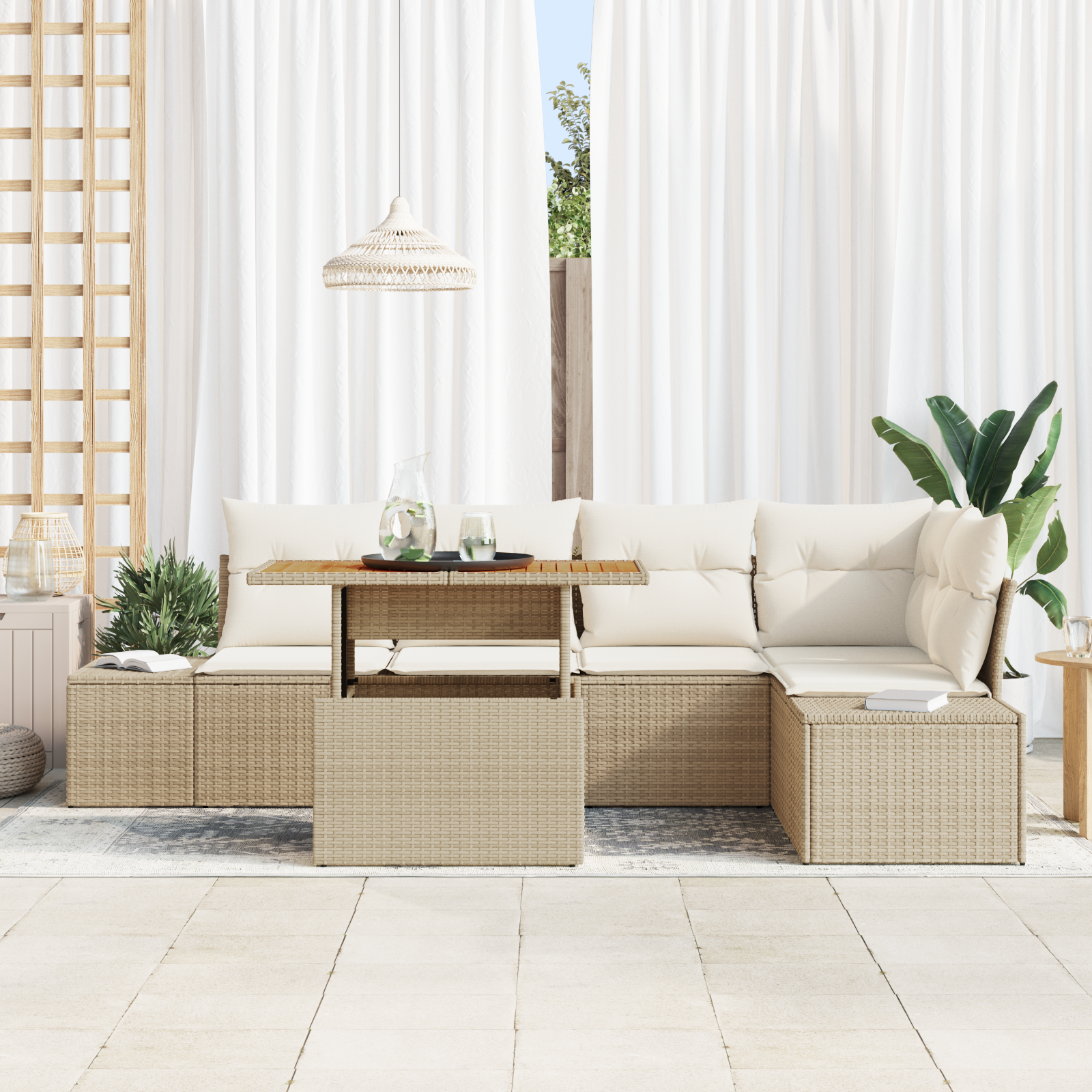 vidaXL 6-delige Tuinset met Kussens in Beige van Poly Rattan en Acacia