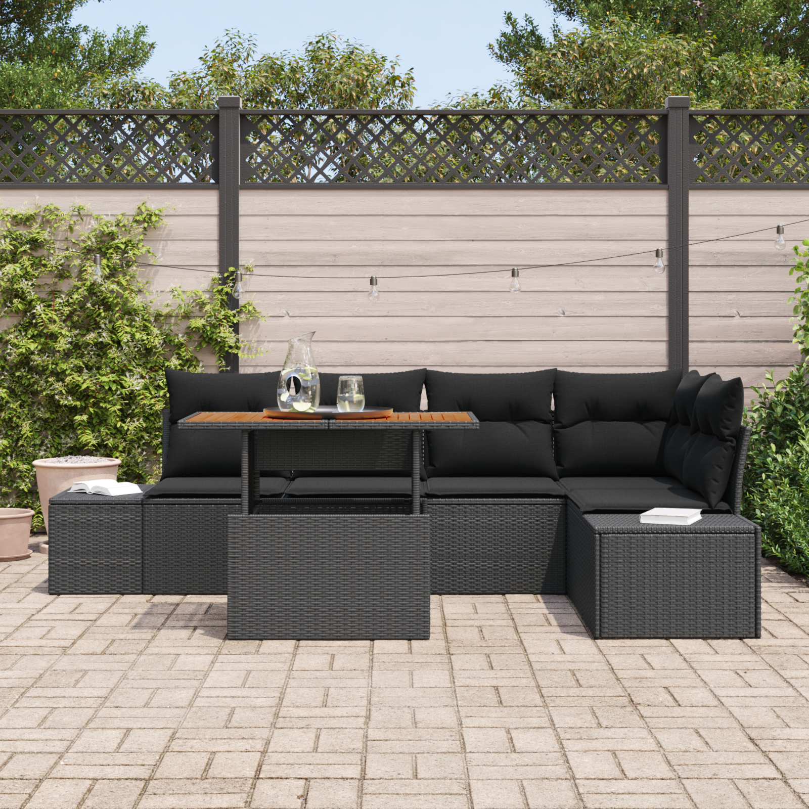vidaXL 6-delige tuinset met kussens zwart poly rattan acacia