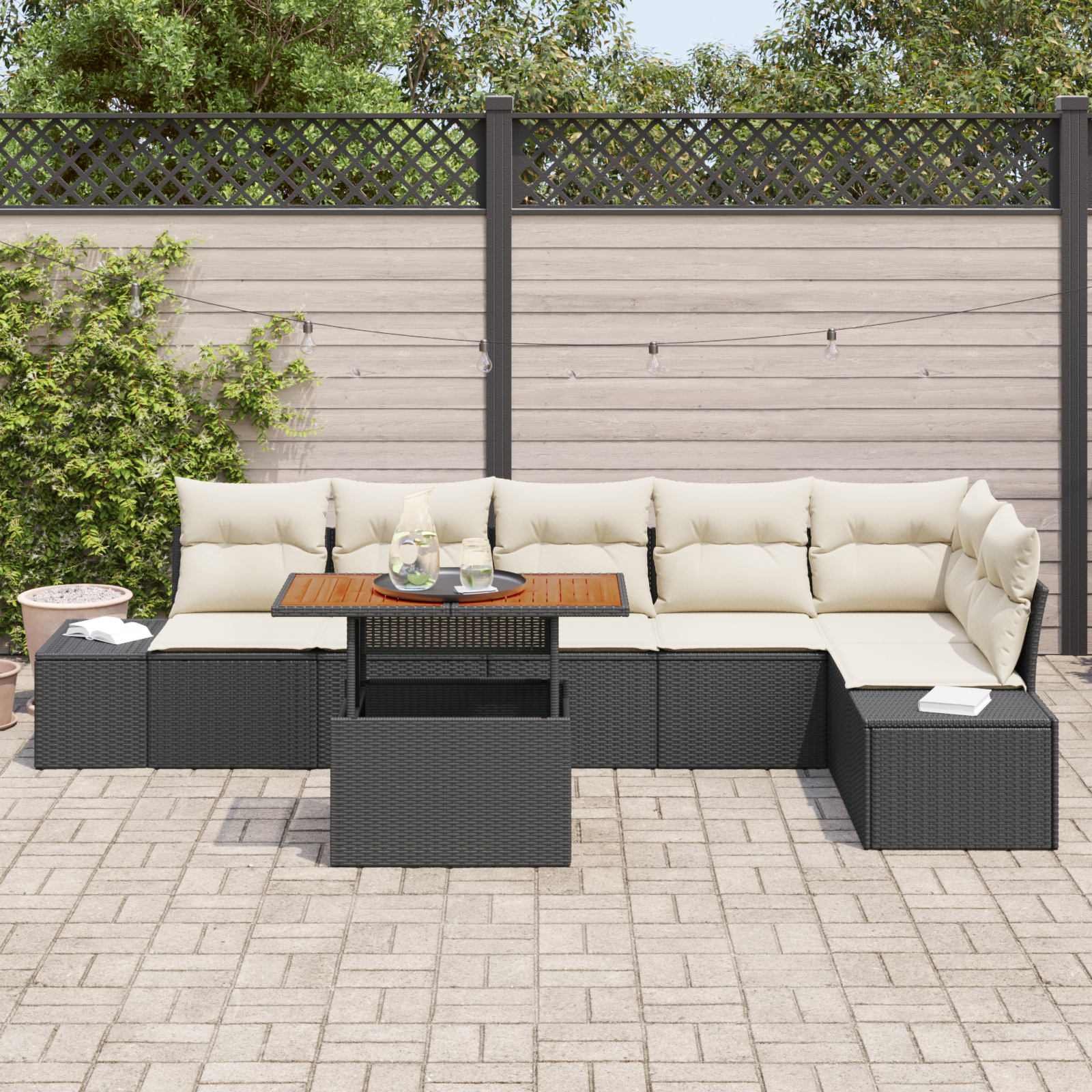 vidaXL 7-delige Tuinset met kussens poly rattan acaciahout zwart
