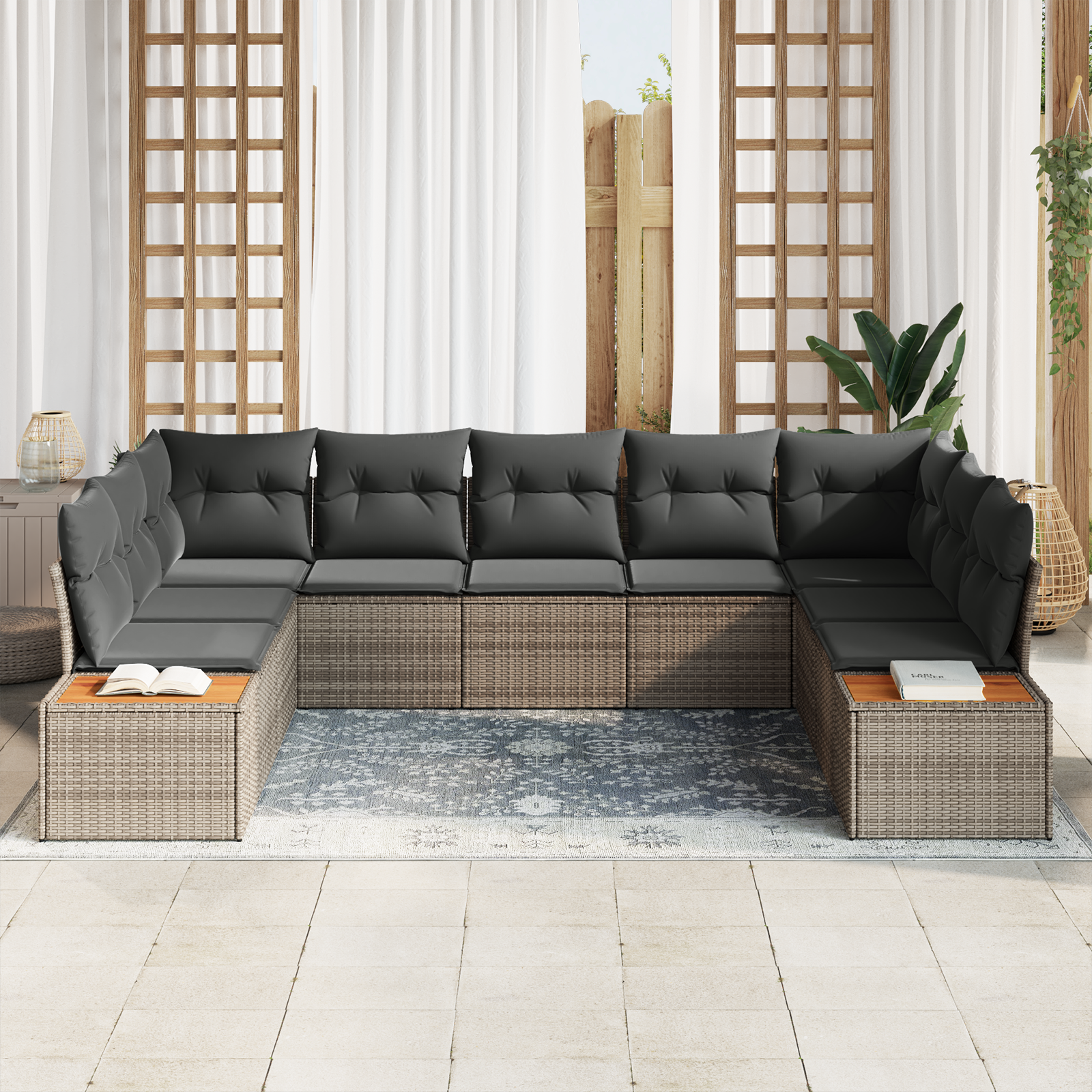 vidaXL 5-delige Tuinbankenset met kussens poly rattan acacia grijs