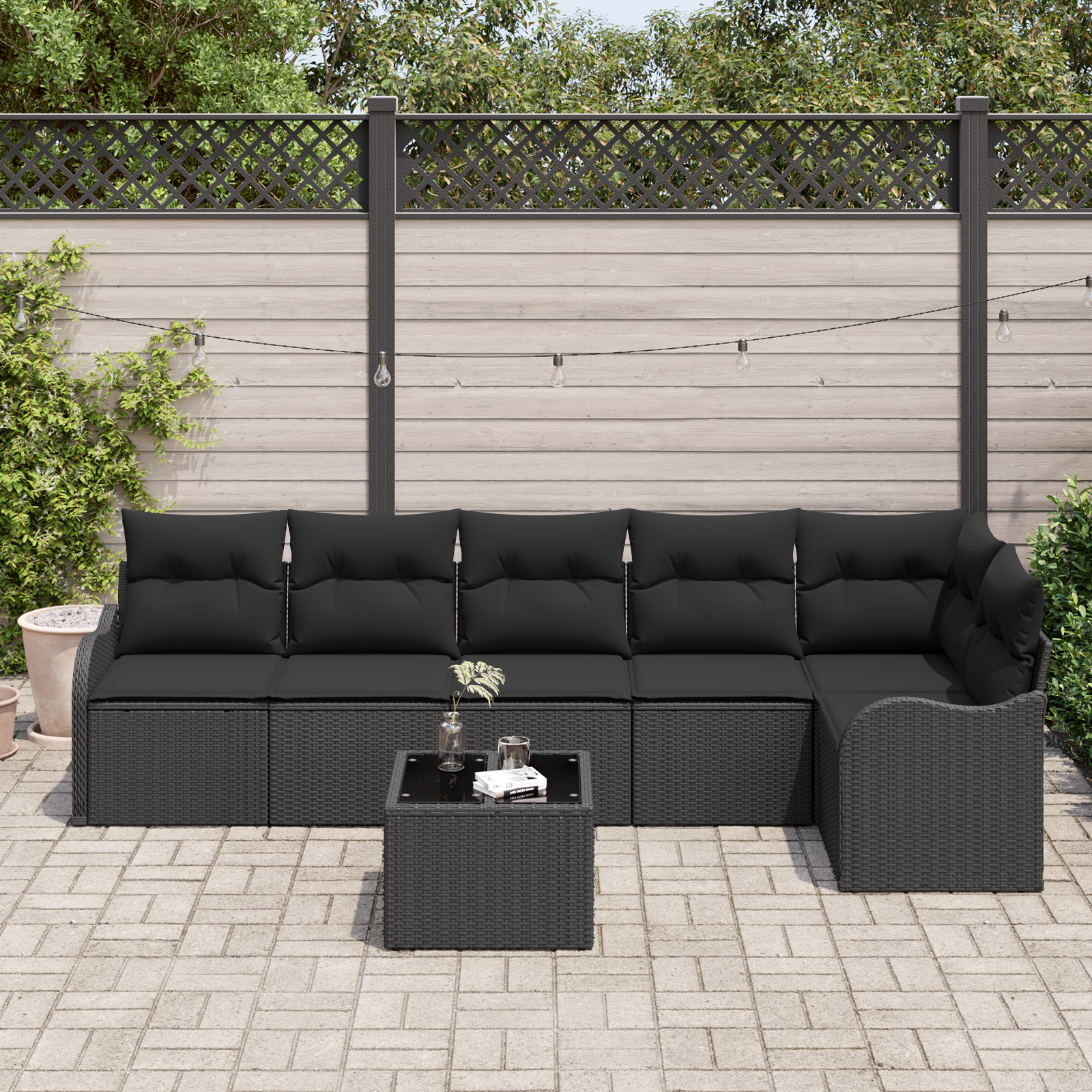 vidaXL 7-delige Tuinbankenset met kussens poly rattan beige